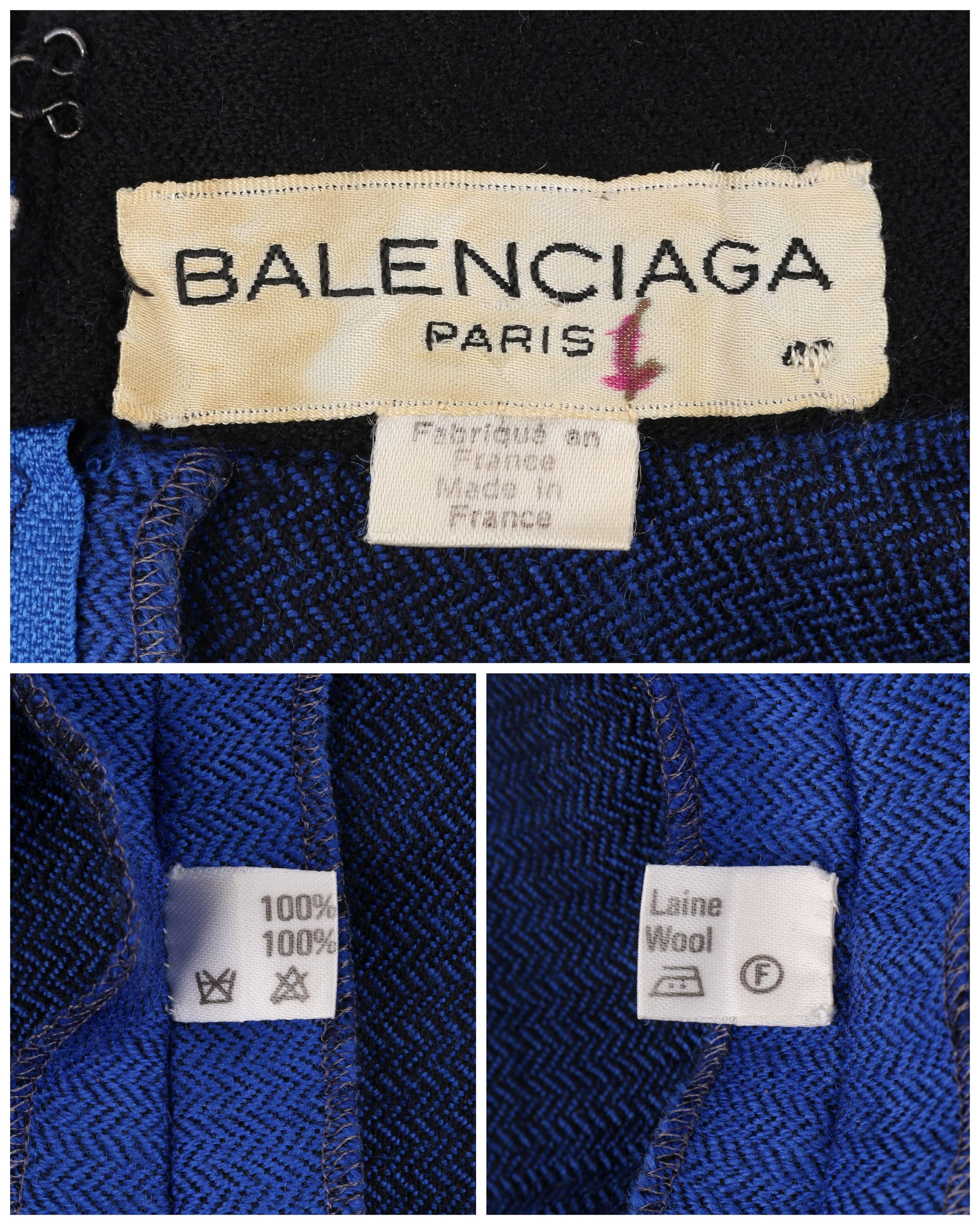 BALENCIAGA c.1980's Blue & Black Wool Herringbone Bishop Sleeve Shift Dress 2
