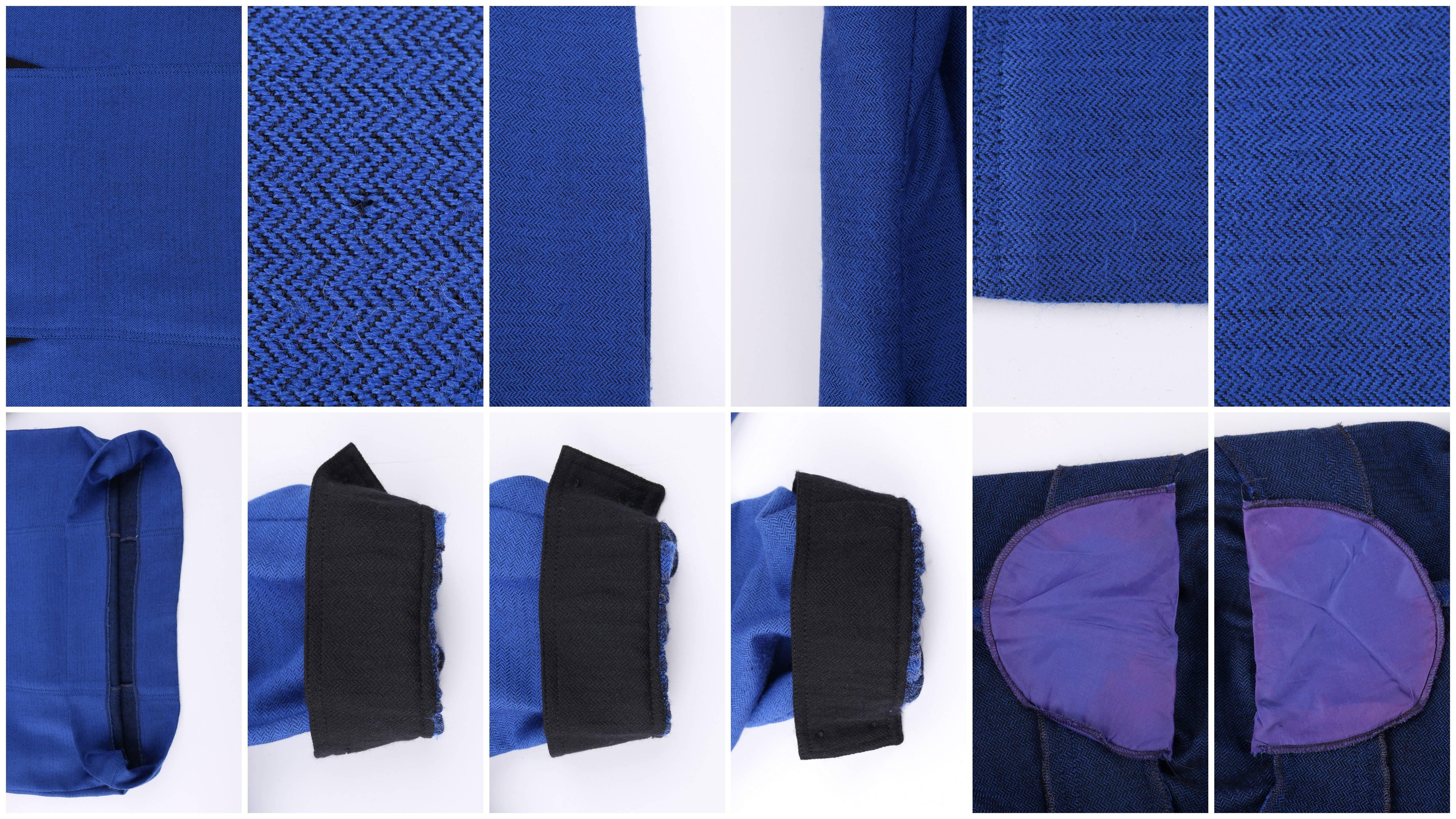 BALENCIAGA c.1980's Blue & Black Wool Herringbone Bishop Sleeve Shift Dress 3