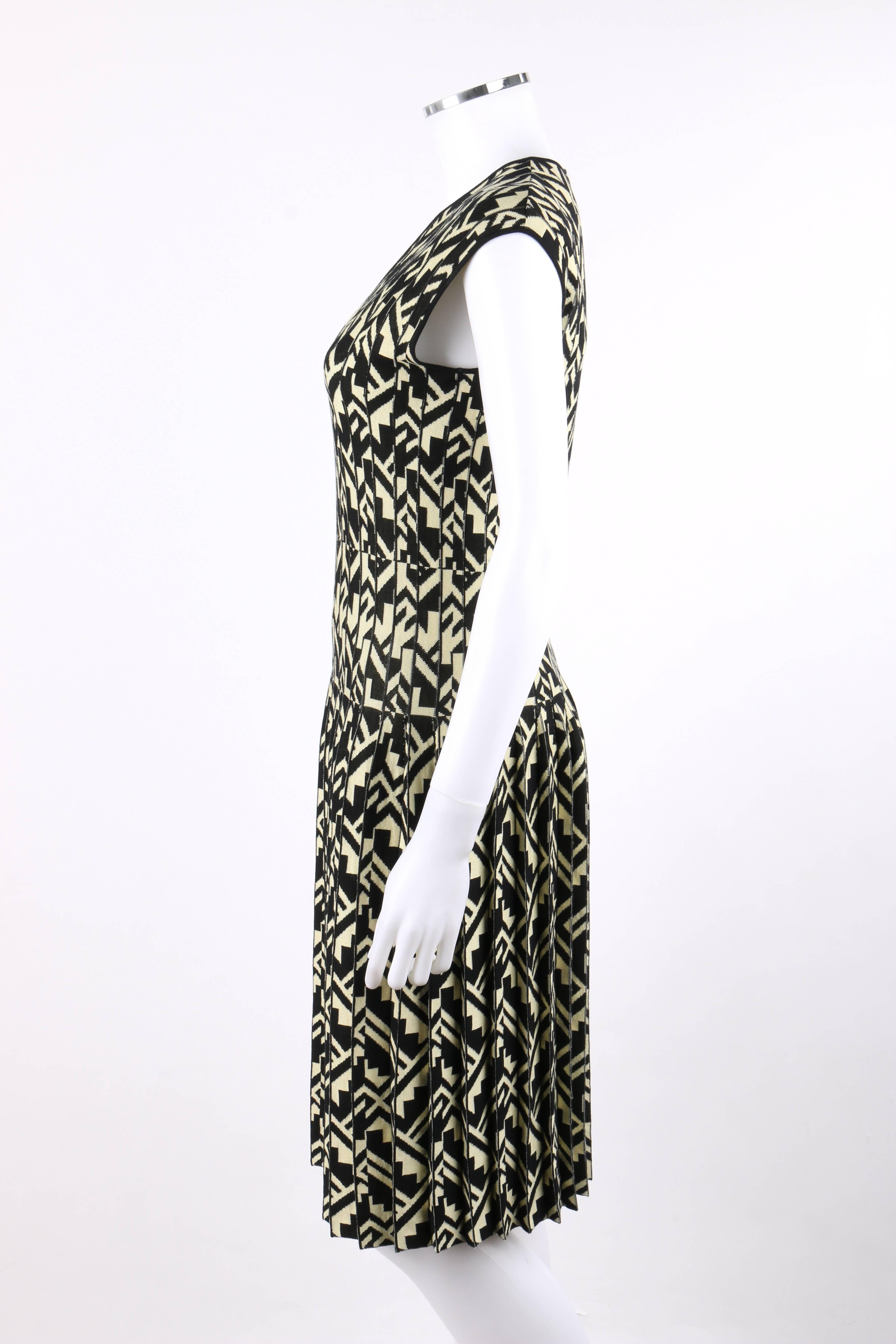 Women's ETRO Black & Soft Yellow Geometric Knit Drop Waist Pleated Cocktail Dress NWT