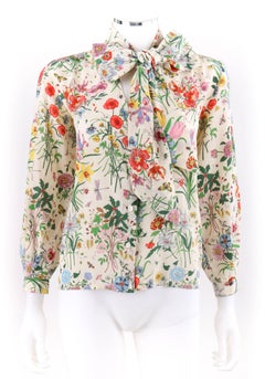 GUCCI c.1970s Iconic "Flora" Print White Silk V Neck Pussy Bow Blouse Top