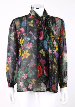 GUCCI c.1970s Iconic "Flora" Print Black Silk Chiffon Pussy Bow Blouse Top