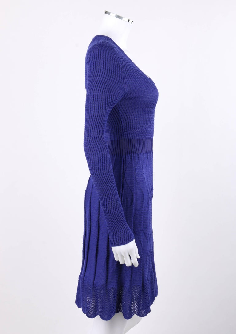 MISSONI Royal Blue Wool Rib Knit Long Sleeve Pleated Shift Dress For