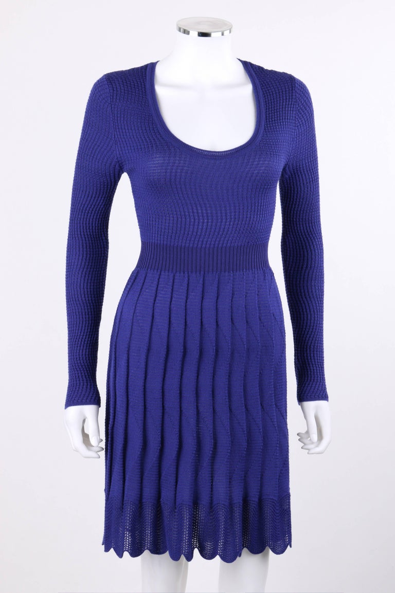 MISSONI Royal Blue Wool Rib Knit Long Sleeve Pleated Shift Dress For