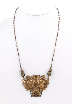 Vintage Brass Pressed Metal Winged Tiger Head Statement Pendant Necklace