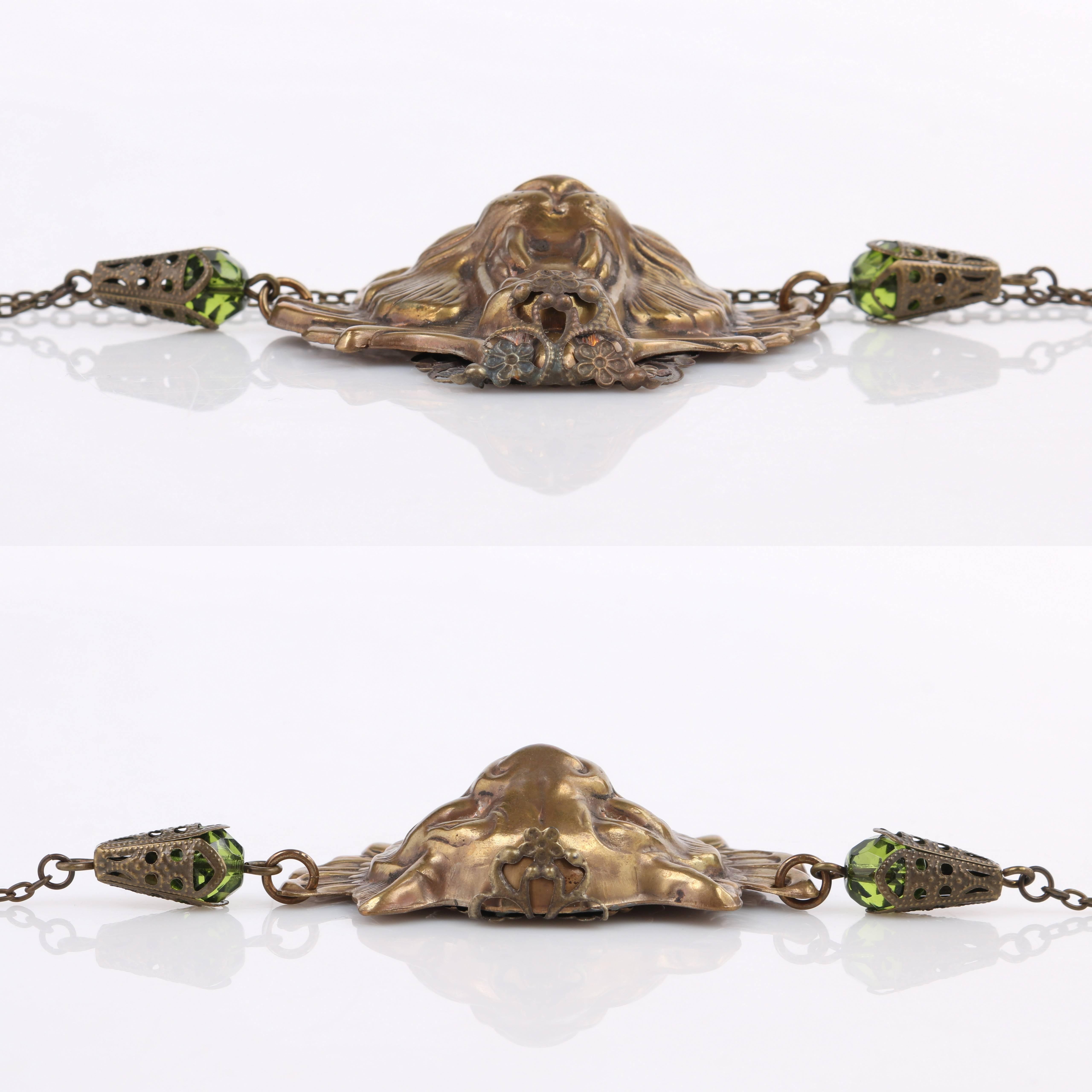 Women's Vintage Brass Pressed Metal Winged Tiger Head Statement Pendant Necklace