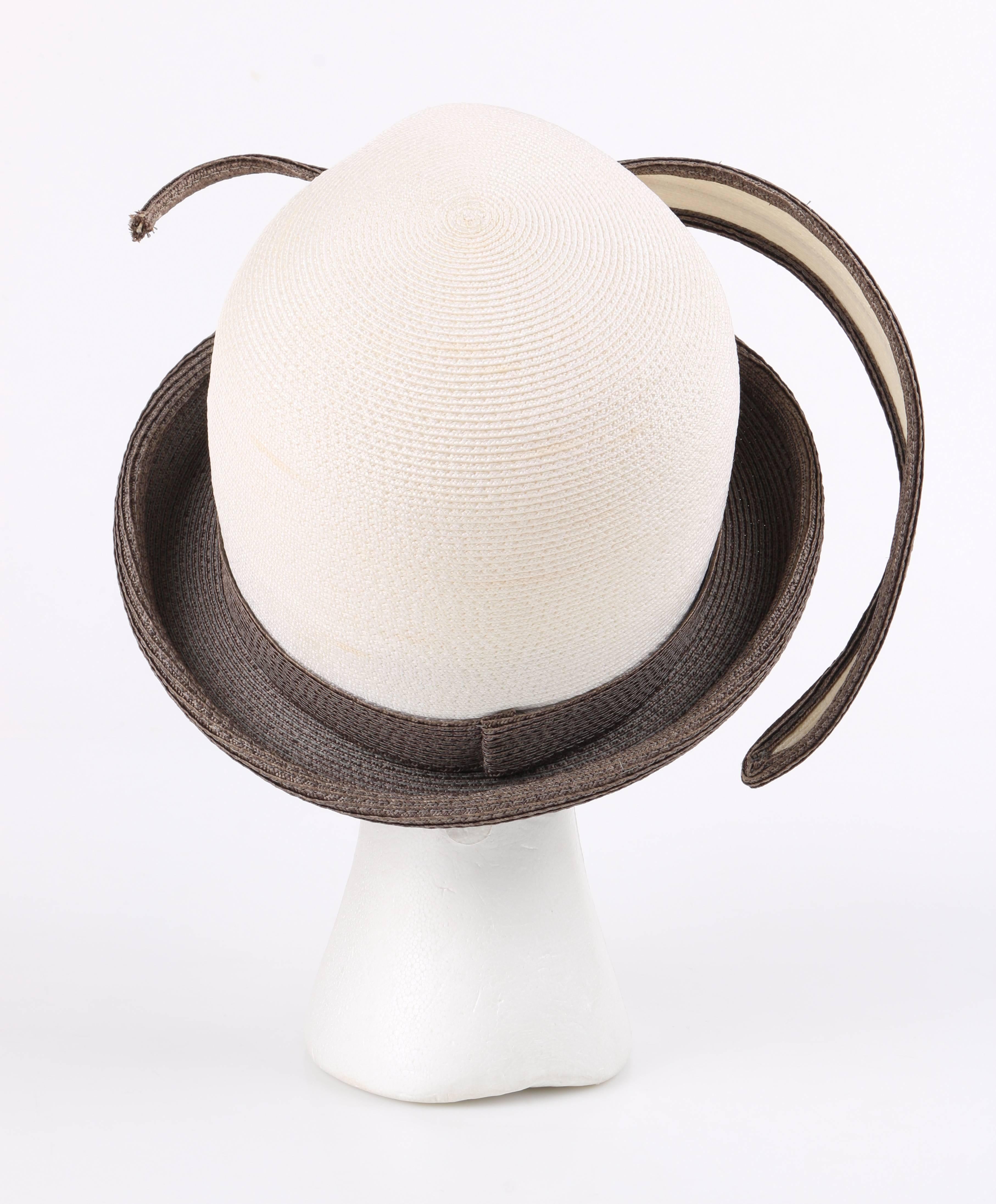 YVES SAINT LAURENT c.1960's YSL Off White Taupe Straw Sculptural Leaf Cloche Hat In Excellent Condition In Thiensville, WI