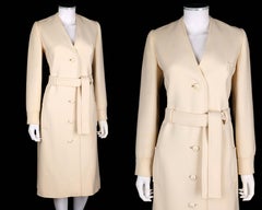 Boutique VALENTINO c.1960's Off White Wool Belted Mod V Neck Coat Dress RARE
