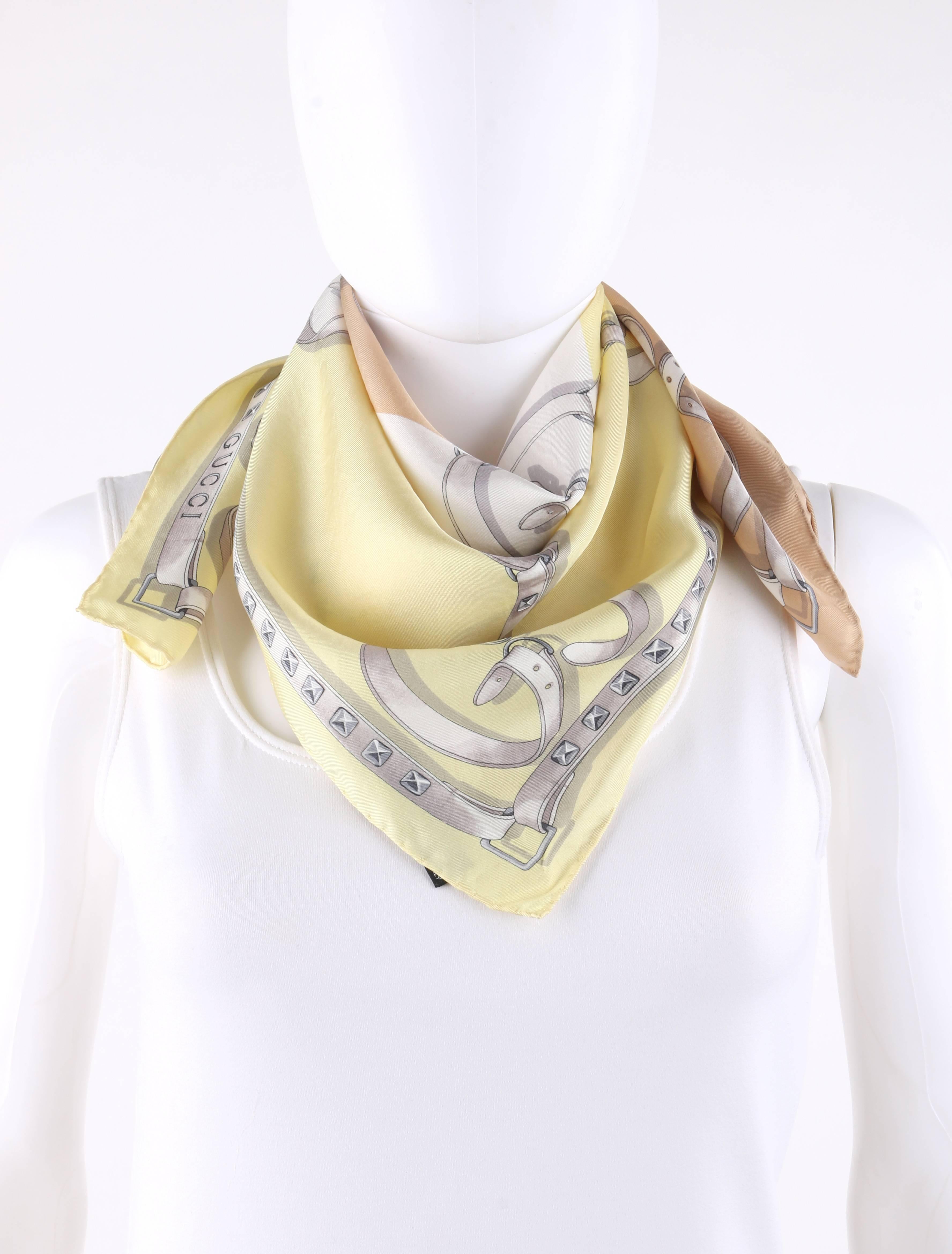 Gucci beige white yellow tri-color monogram belt print silk scarf. Tri-color background in beige, white, and soft yellow. White 
