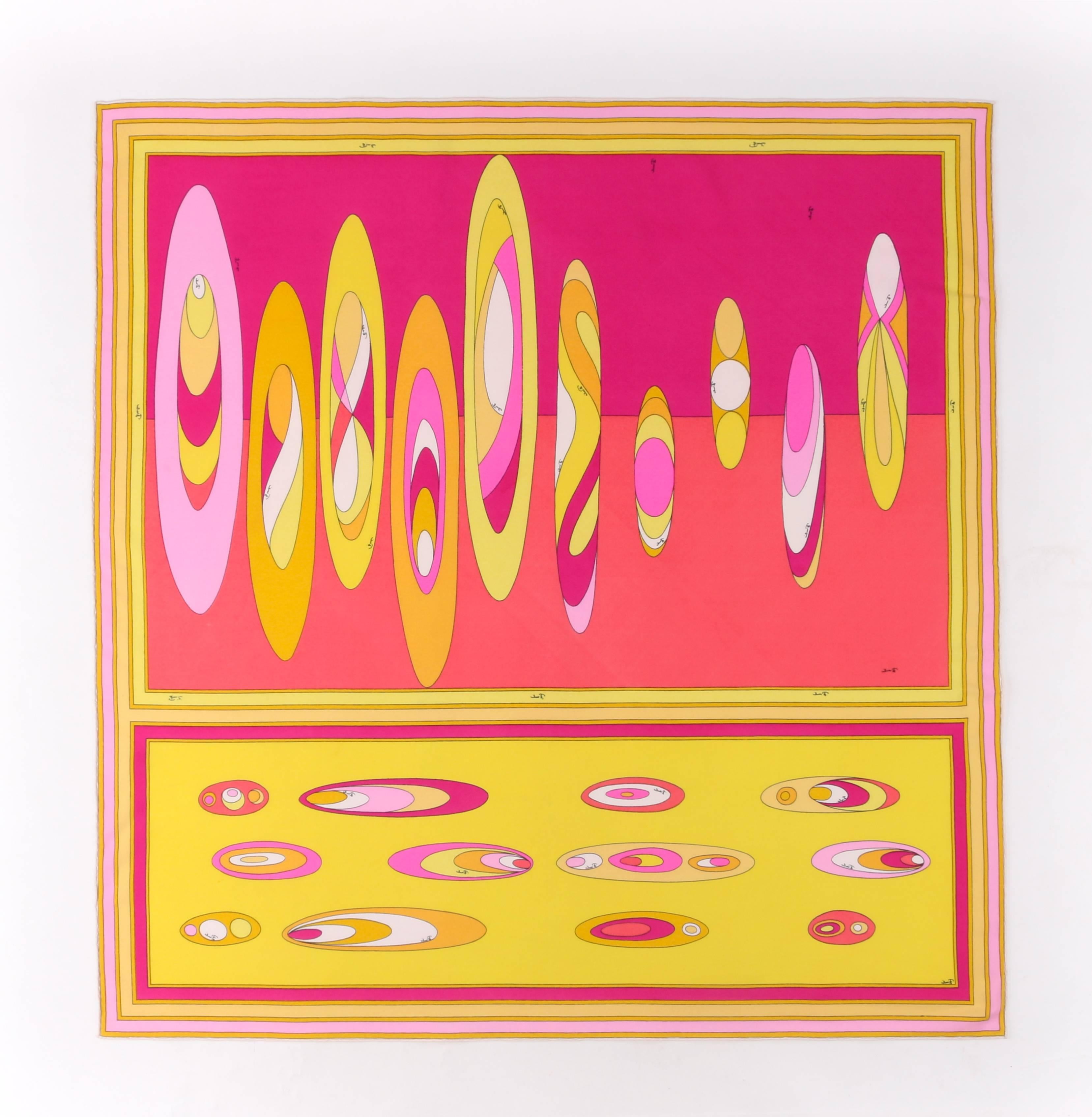 Orange EMILIO PUCCI c.1960's Multicolor Op Art Bubble Signature Print Silk Scarf