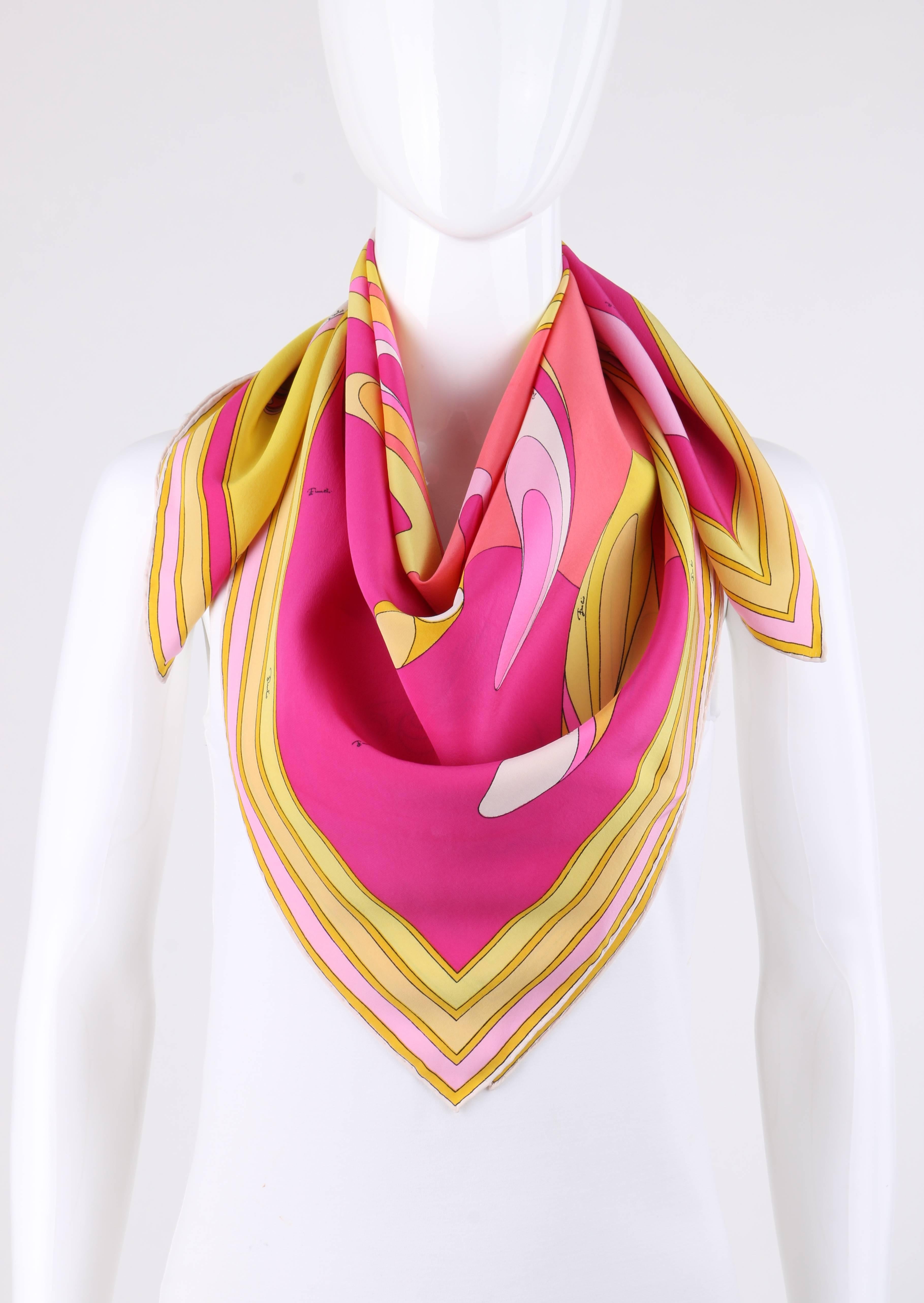 Vintage Emilio Pucci c.1960's yellow multi-color op art bubble signature print silk scarf. Op art signature bubble windowpane print in shades of yellow, pink, and white. Multi-color striped boarder. Fuschia and salmon pink color block background at
