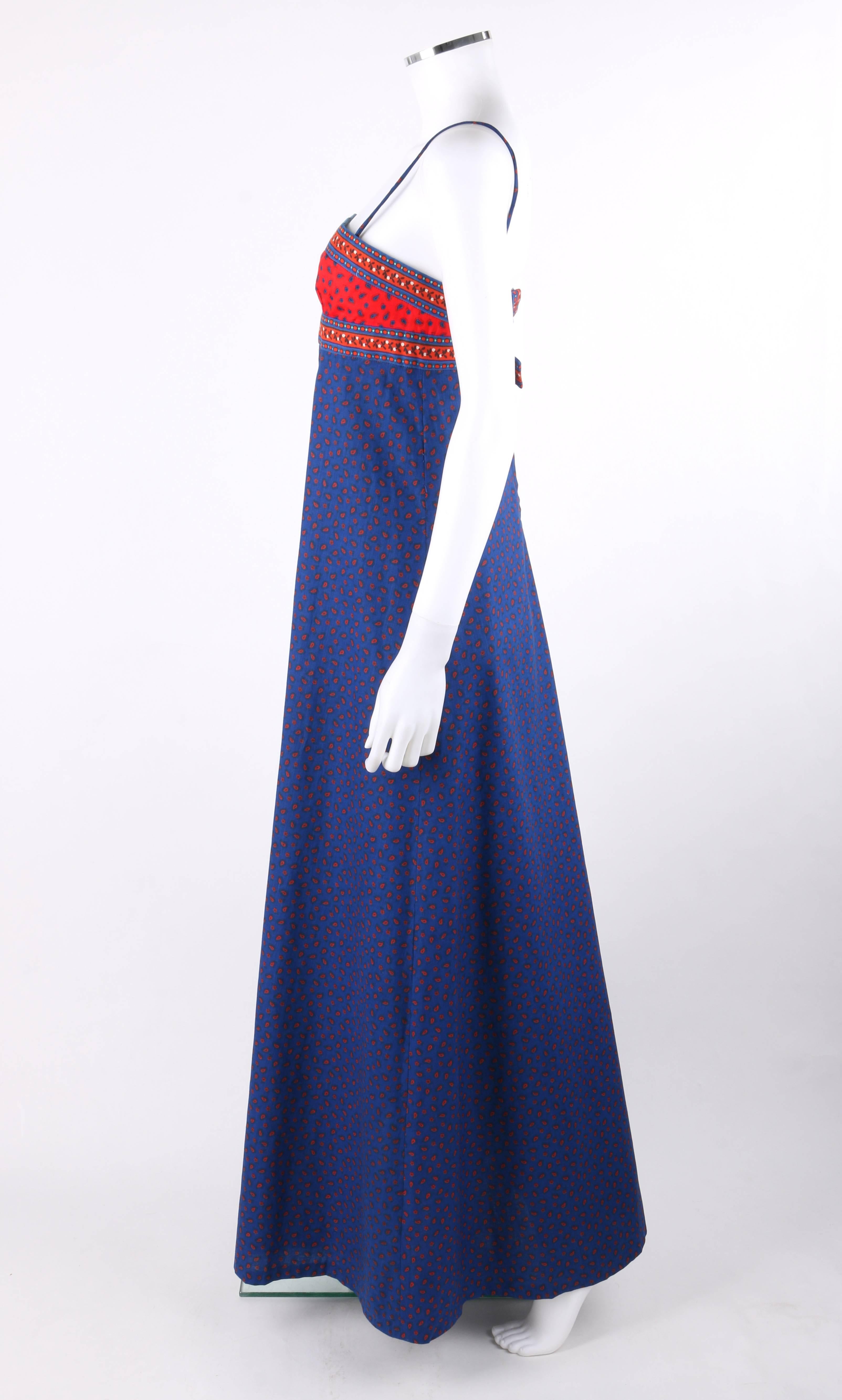 Women's ANNE KLEIN c.1970's Blue & Red Floral Paisley Print Empire Waist Maxi Dress