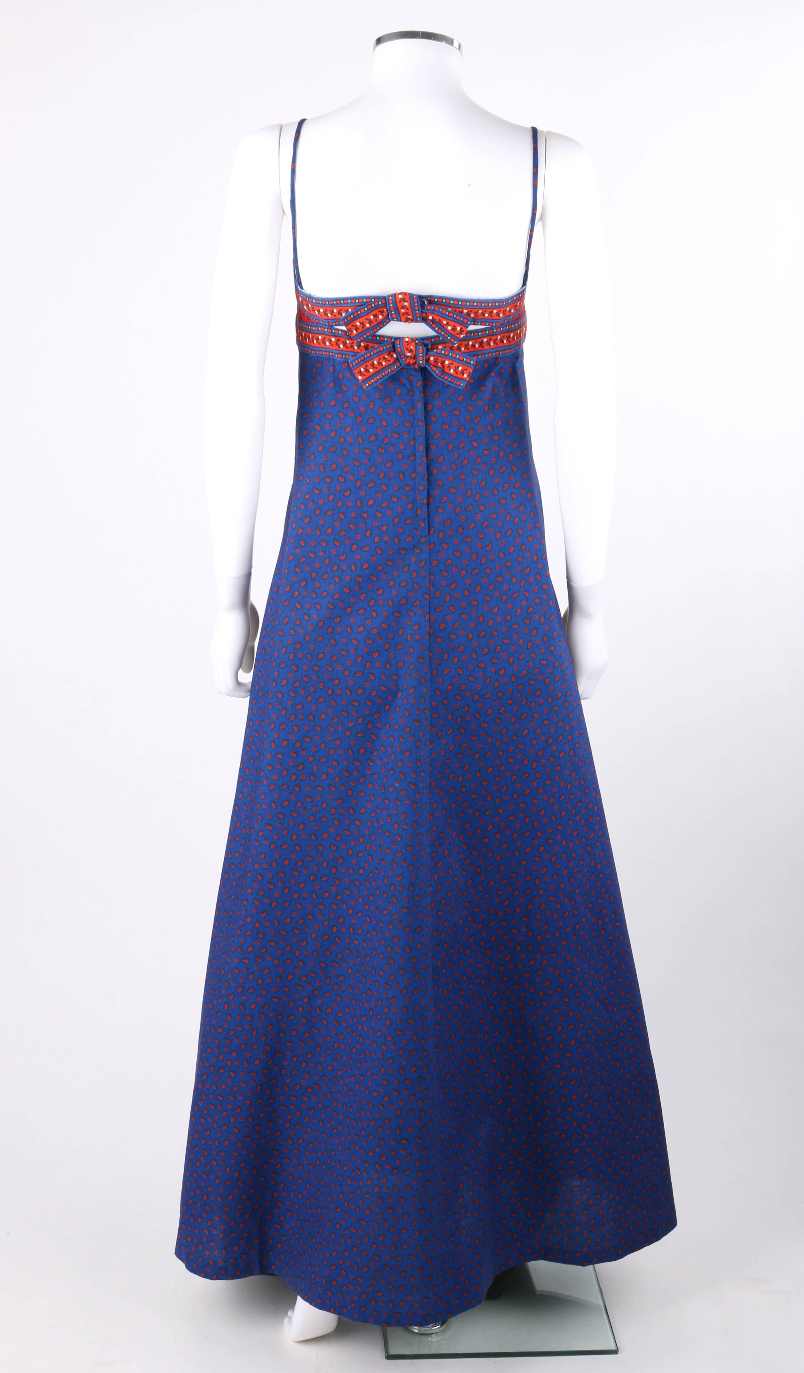 Purple ANNE KLEIN c.1970's Blue & Red Floral Paisley Print Empire Waist Maxi Dress