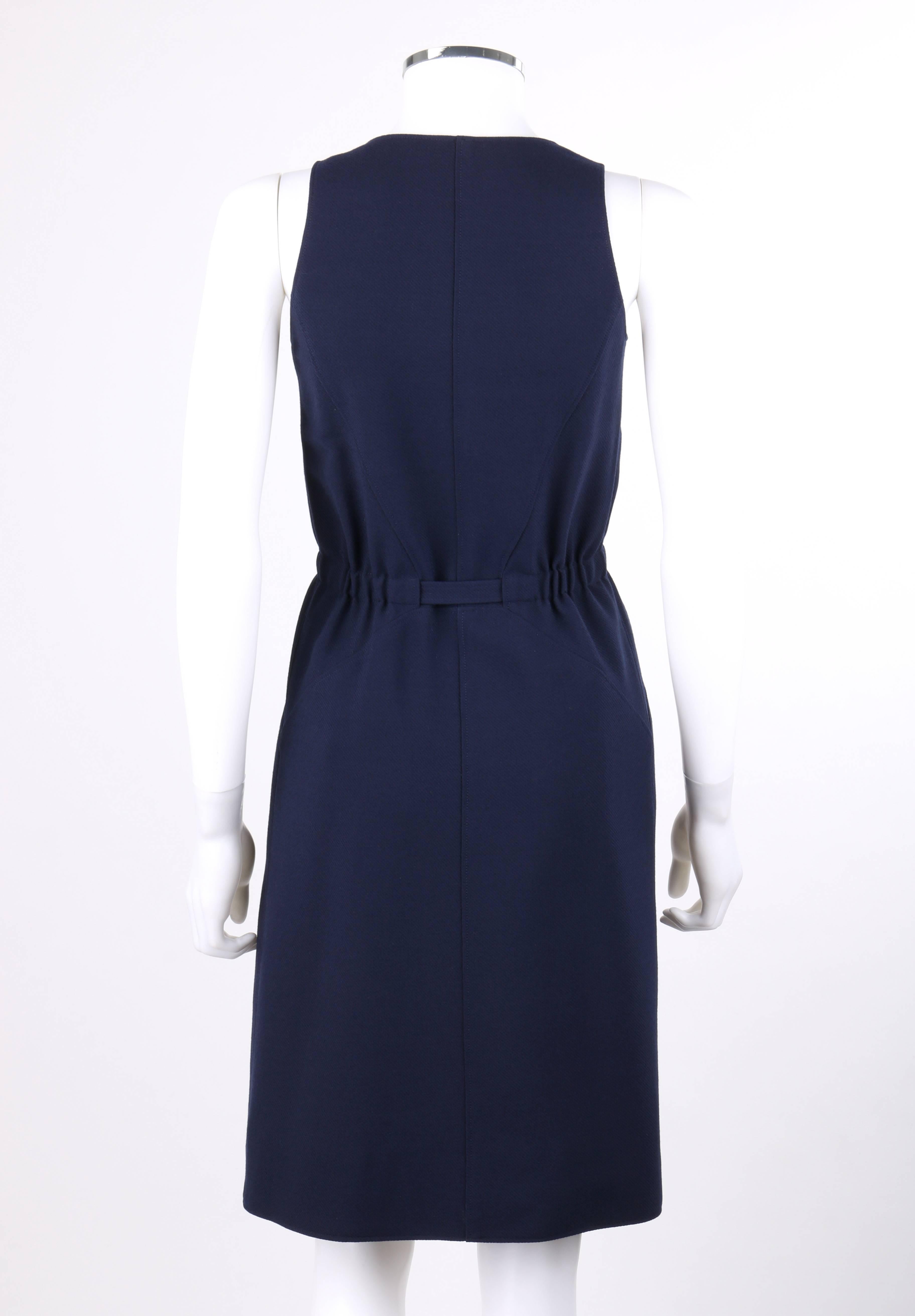 Black COURREGES Couture Future c.1960s Navy Blue Wool Sleeveless Tie Waist Shift Dress For Sale