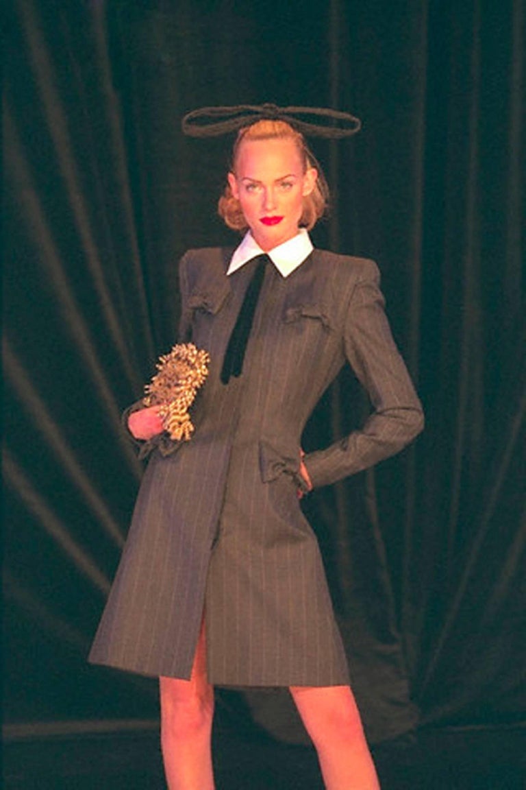 GIVENCHY Couture A/W 1996 JOHN GALLIANO Charcoal Gray Wool Bow Shirt Coat Dress 5