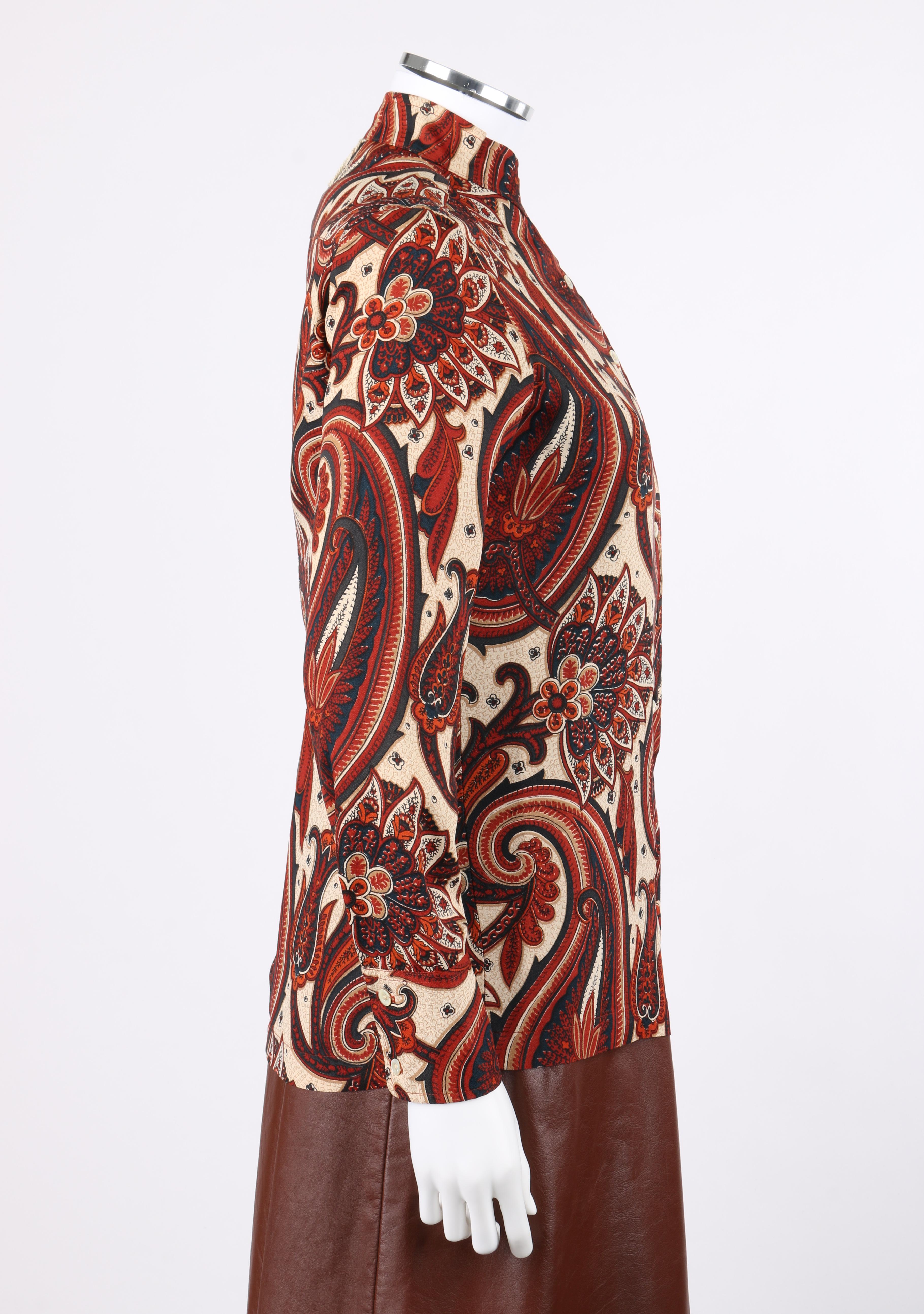 Brown ANNE KLEIN c.1970's 3 Piece Paisley Blouse Leather Jumper Dress Set w/ Sash