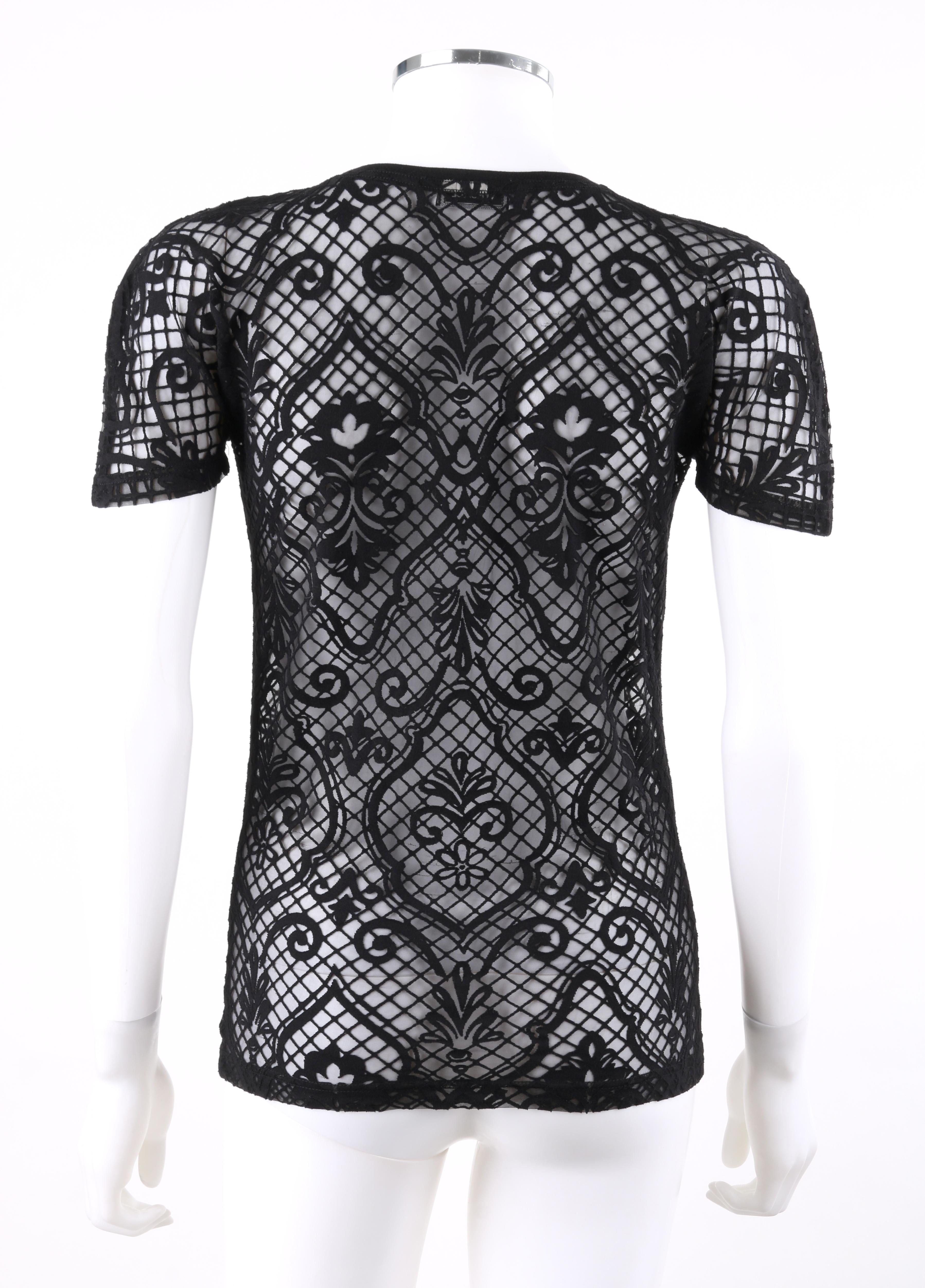 Women's VERSACE S/S 2005 Black Baroque Mesh Knit Scoop Neck Tee Shirt For Sale