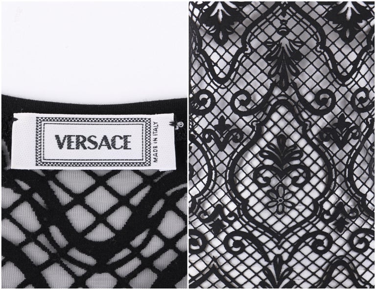 VERSACE S/S 2005 Black Baroque Mesh Knit Scoop Neck Tee Shirt For Sale 2