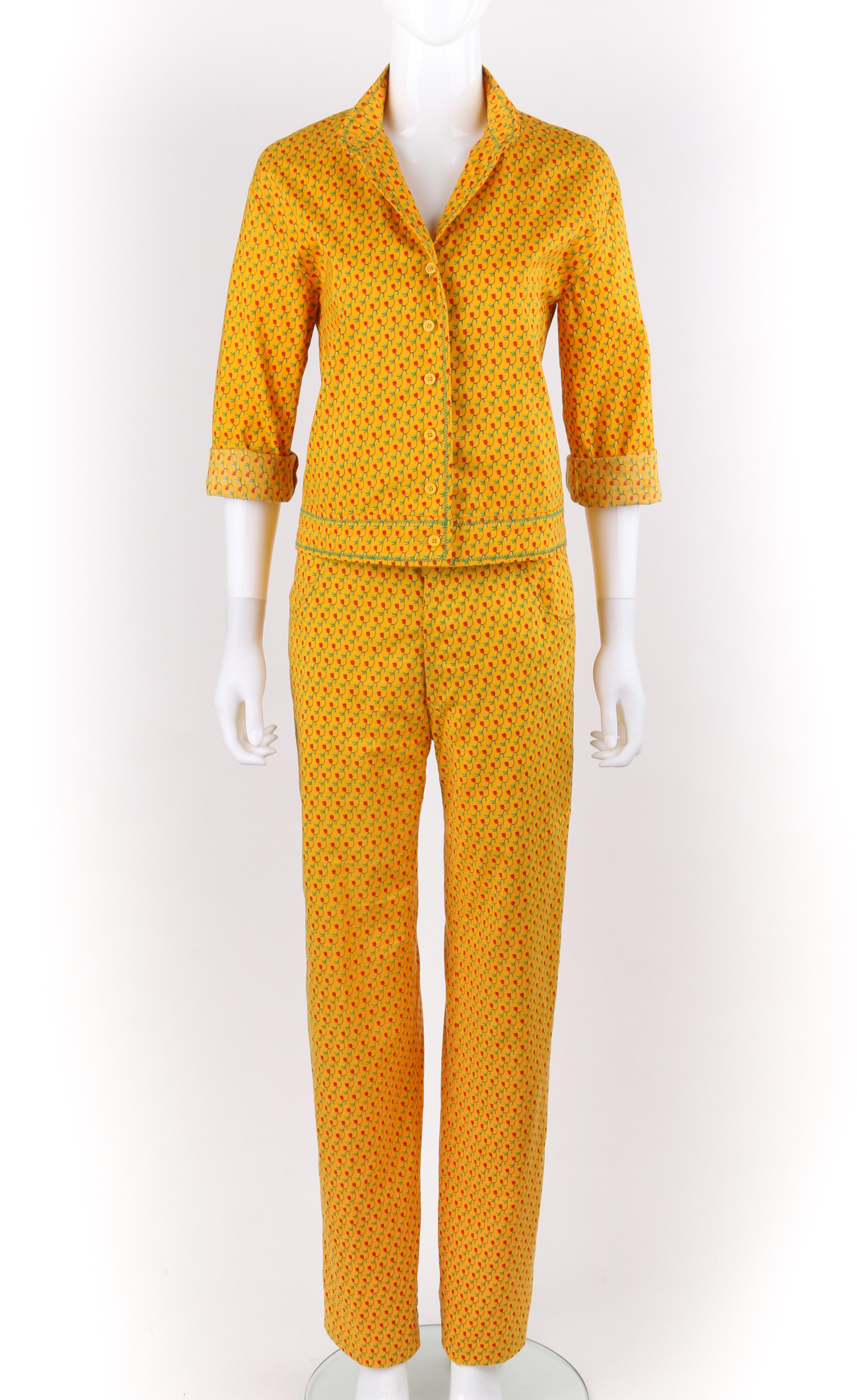 Orange ANNE KLEIN c.1970's 2 Pc Marigold Floral Tulip Button Down Shirt Pants Suit Set