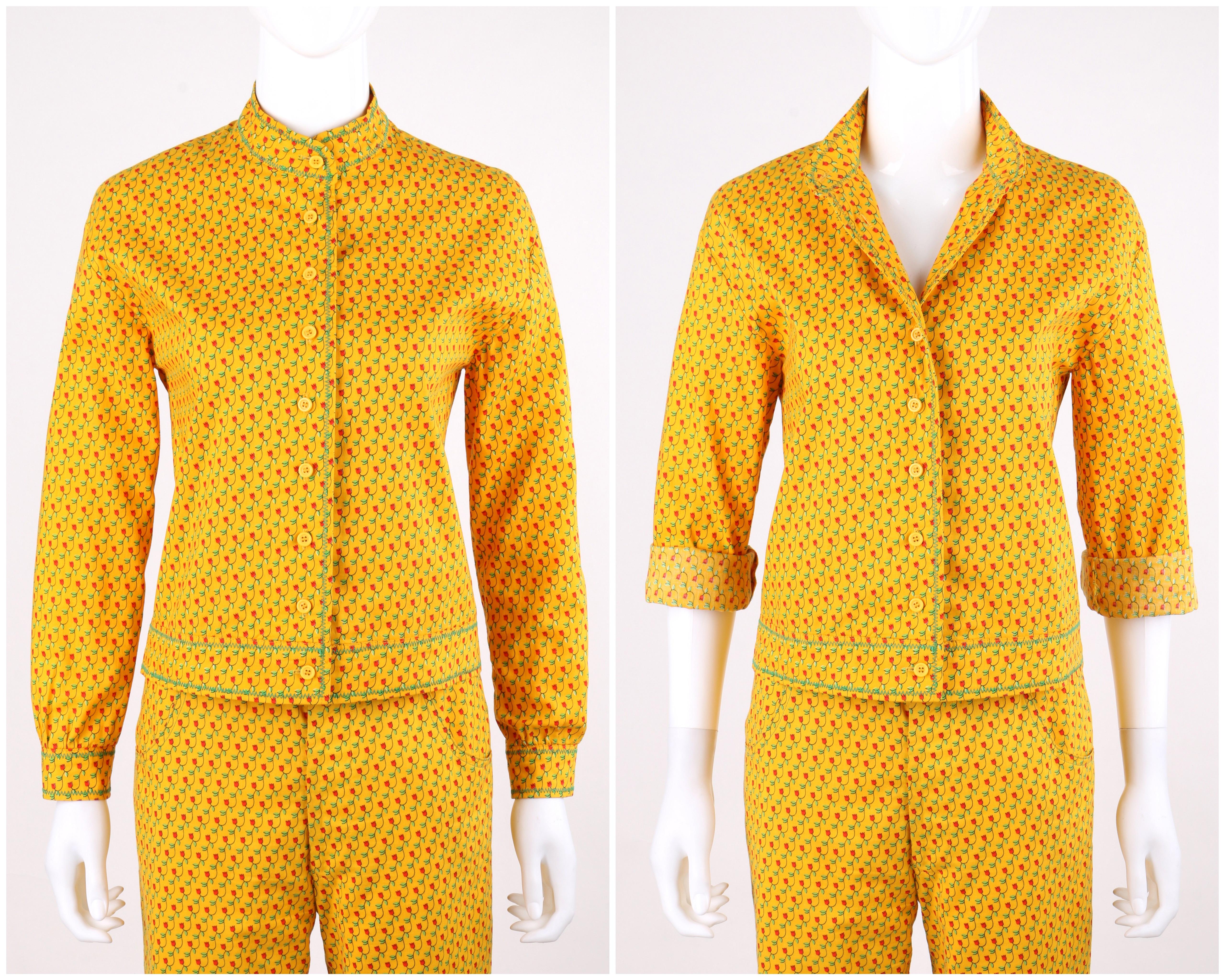 ANNE KLEIN c.1970's 2 Pc Marigold Floral Tulip Button Down Shirt Pants Suit Set In Excellent Condition In Thiensville, WI