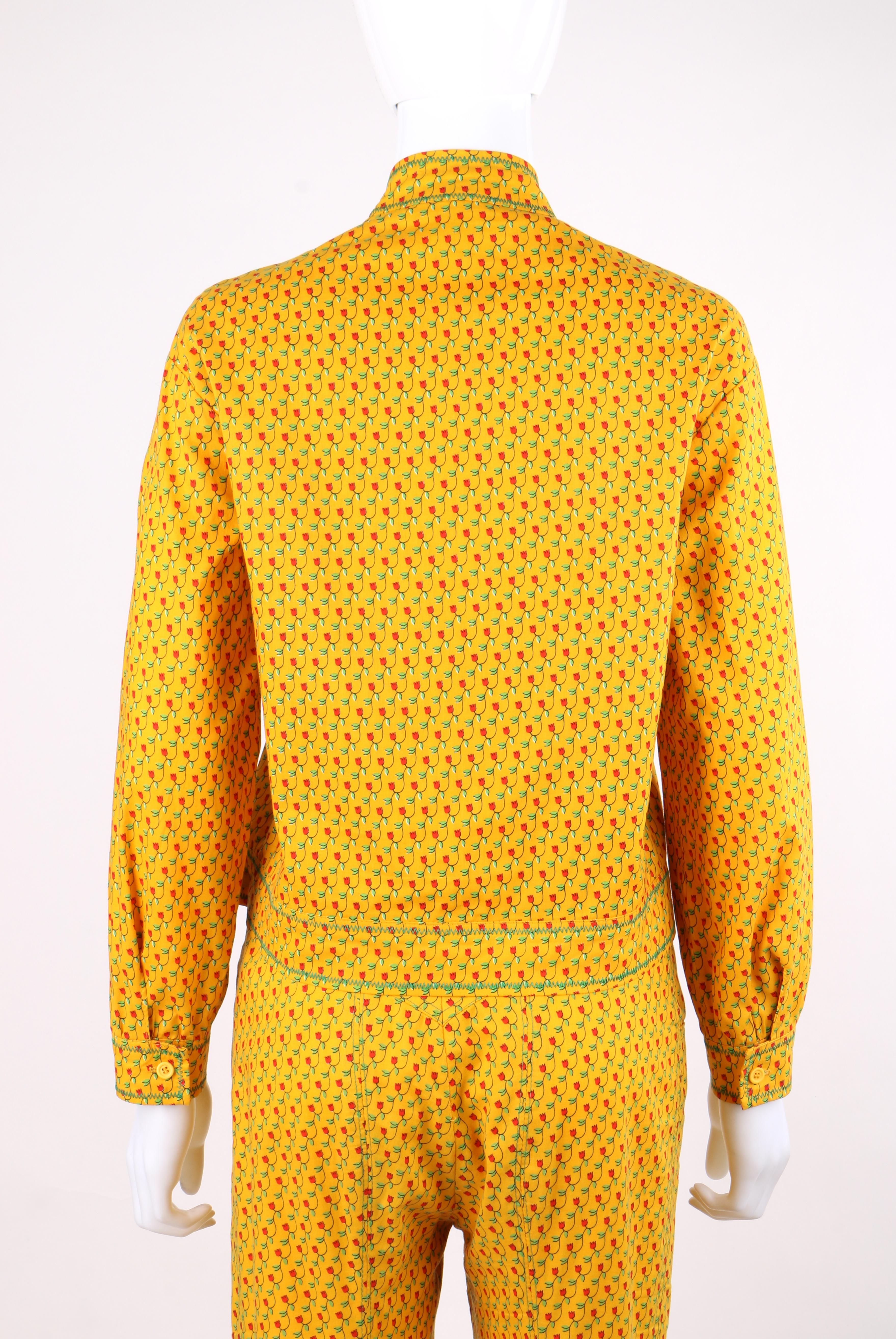 ANNE KLEIN c.1970's 2 Pc Marigold Floral Tulip Button Down Shirt Pants Suit Set 1