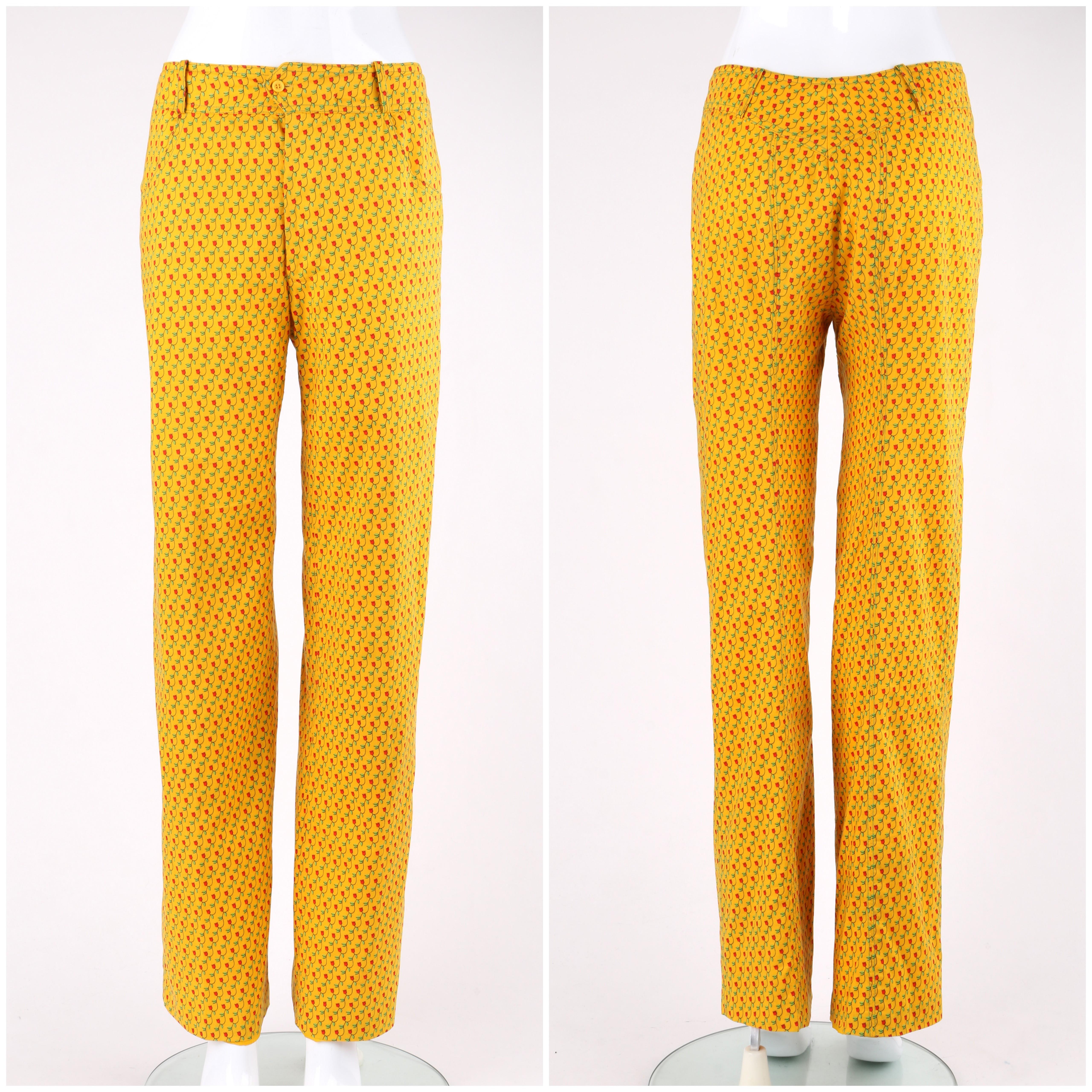 ANNE KLEIN c.1970's 2 Pc Marigold Floral Tulip Button Down Shirt Pants Suit Set 2