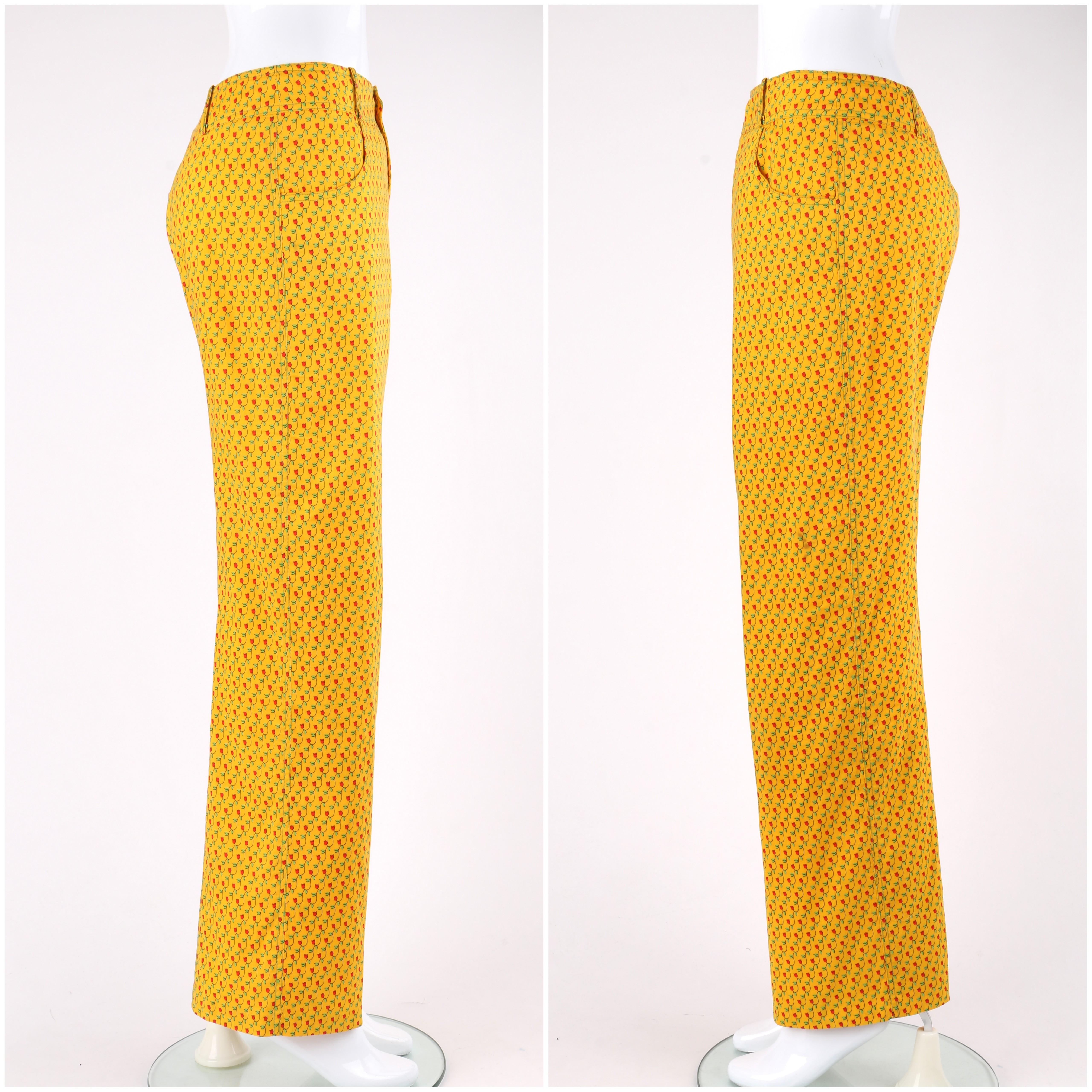 ANNE KLEIN c.1970's 2 Pc Marigold Floral Tulip Button Down Shirt Pants Suit Set 3