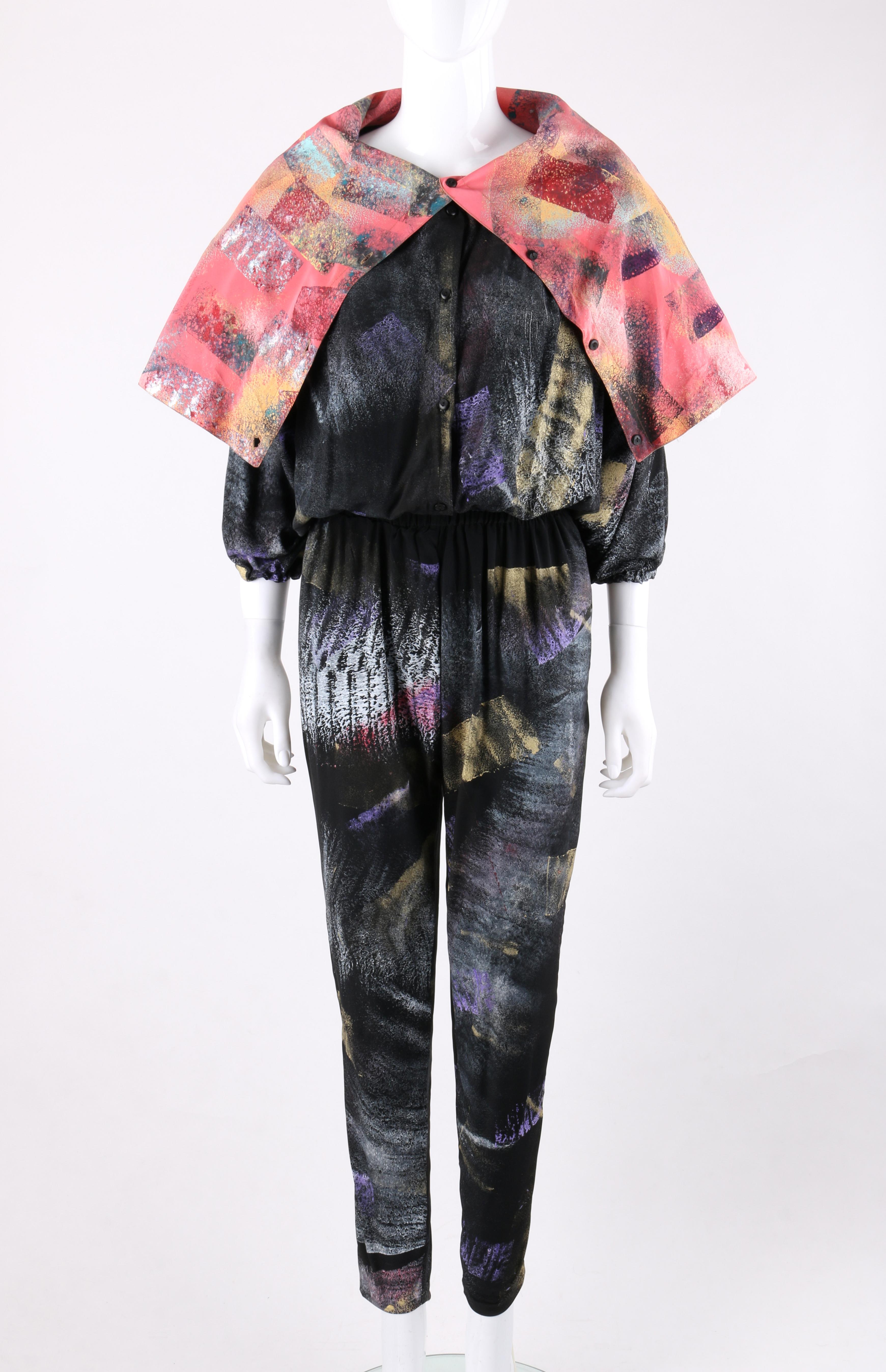 DESCRIPTION: CHIA JEN JENNIFER MACKEY Hand Printed Silk Art To Wear Jumpsuit OOAK
 
Brand / Manufacturer: Chia Jen Jennifer Mackey
Designer: Jennifer Mackey
Style: Jumpsuit
Color(s): Multi
Lined: No
Marked Fabric Content: 100% Silk
Additional