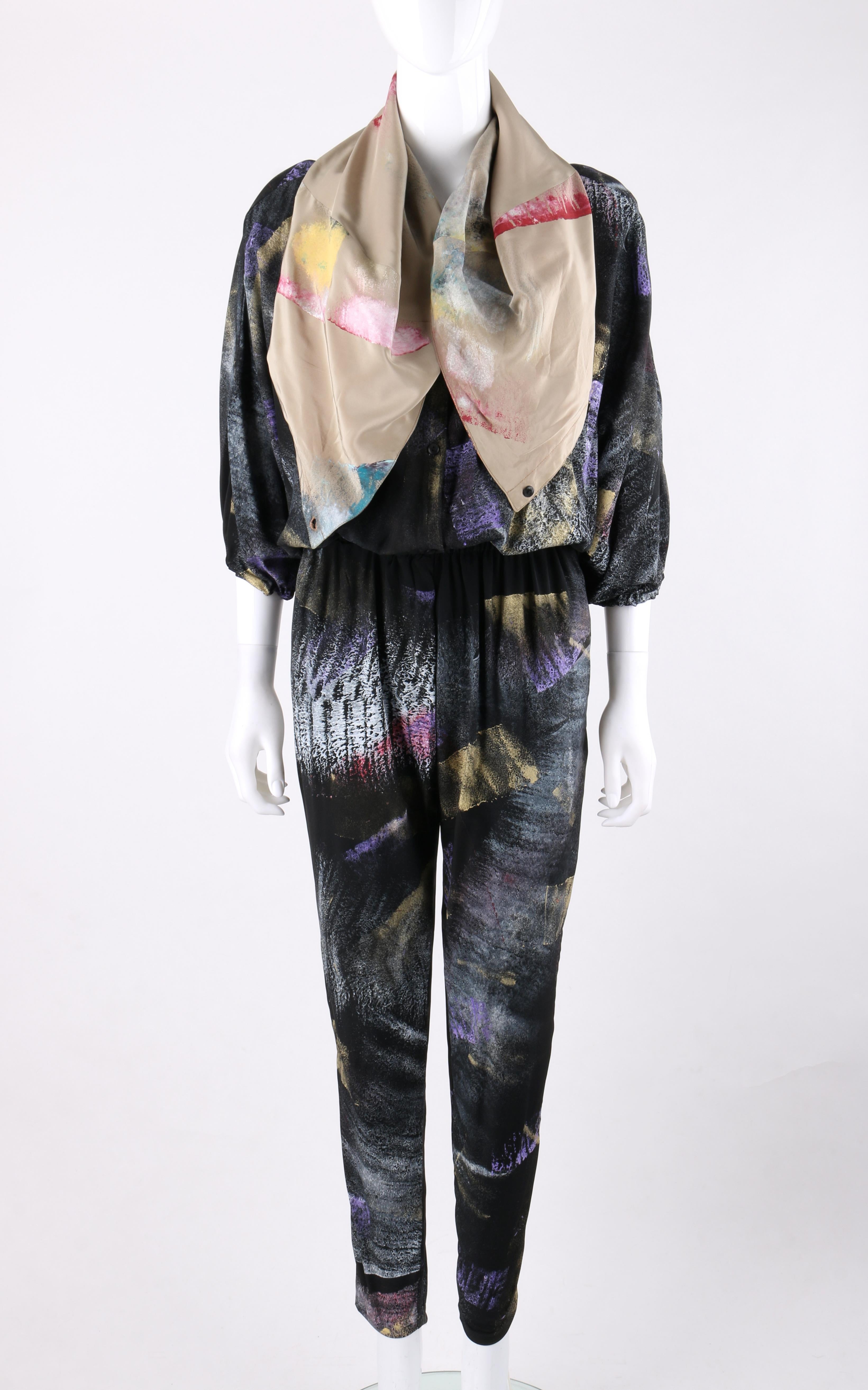 Black CHIA JEN JENNIFER MACKEY Hand Printed Silk Art To Wear Jumpsuit OOAK For Sale