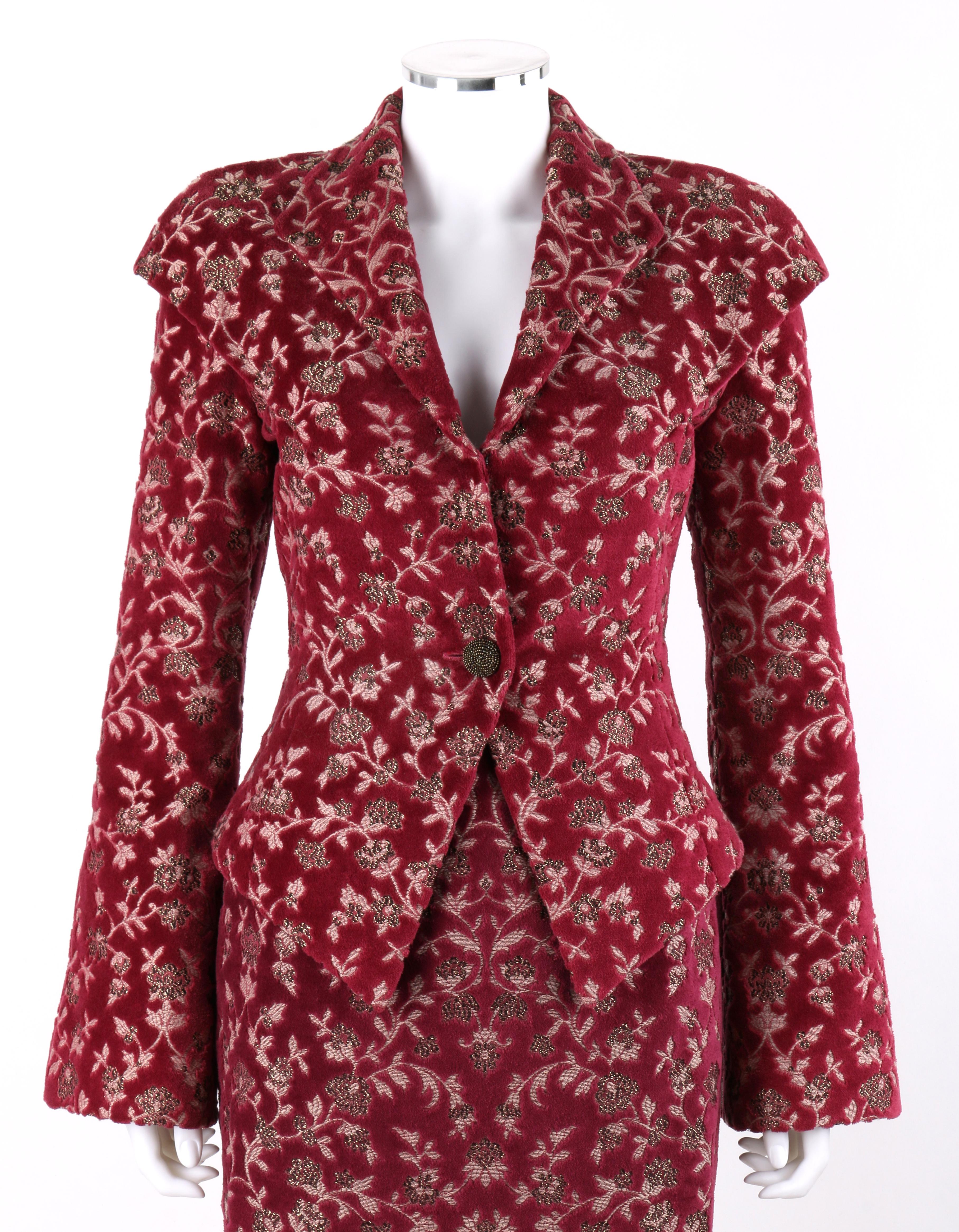 DESCRIPTION: GIVENCHY Couture S/S 1998 ALEXANDER McQUEEN 2 Pc Floral Jacquard Skirt Suit Set
 
Brand / Manufacturer: Givenchy 
Collection: Couture; Spring / Summer 1998
Designer: Alexander McQueen
Style: Skirt suit
Color(s): Shades of burgundy,