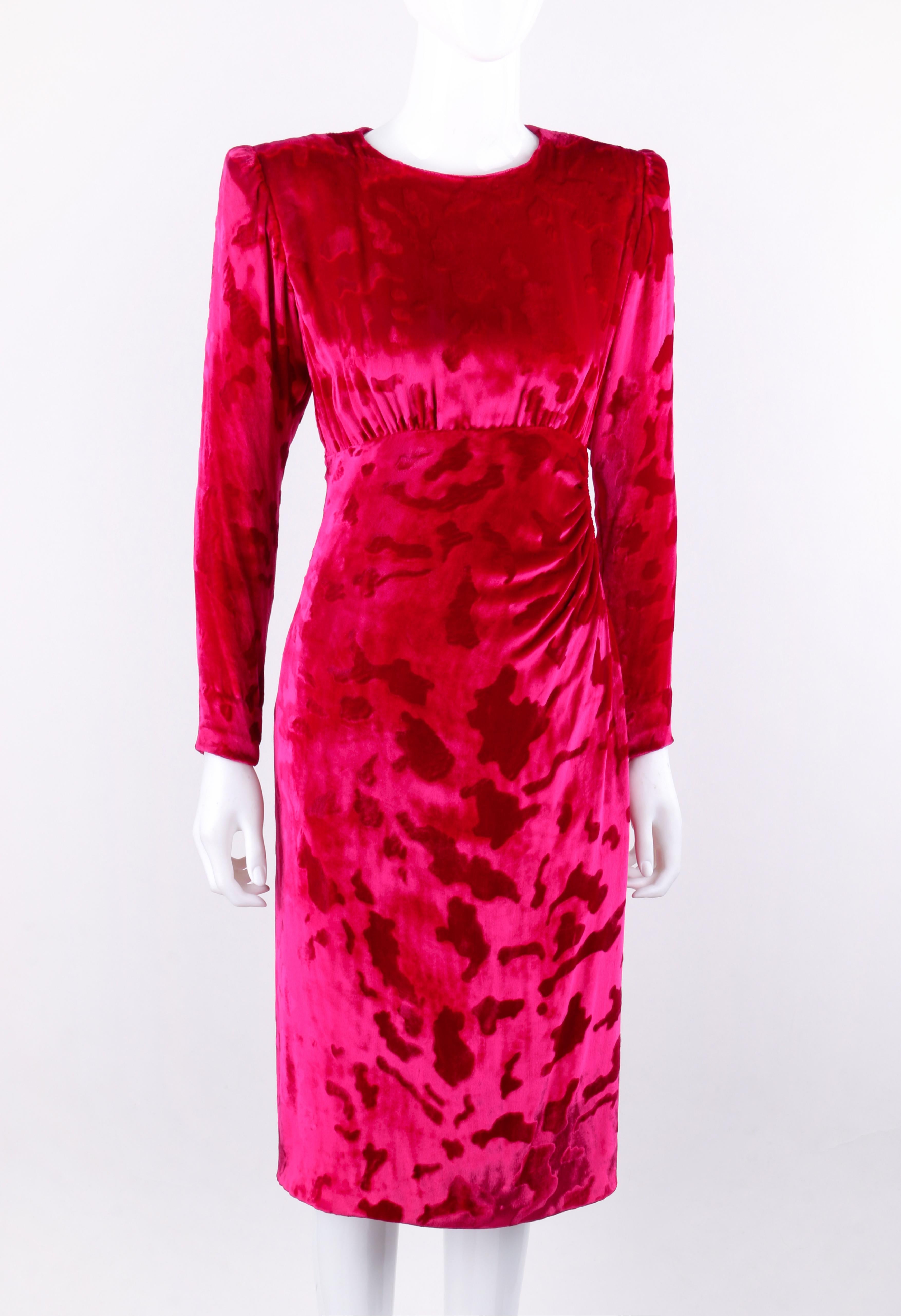 DESCRIPTION: GIVENCHY c.1990's Haute Couture Fuchsia Pink Leopard Print Velvet Evening Dress
 
Circa: c.1990’s
Label(s): Givenchy; 72310 (Haute Couture number)
Designer: Hubert de Givenchy 
Style: Evening dress
Color(s): Fuchsia pink
Lined: