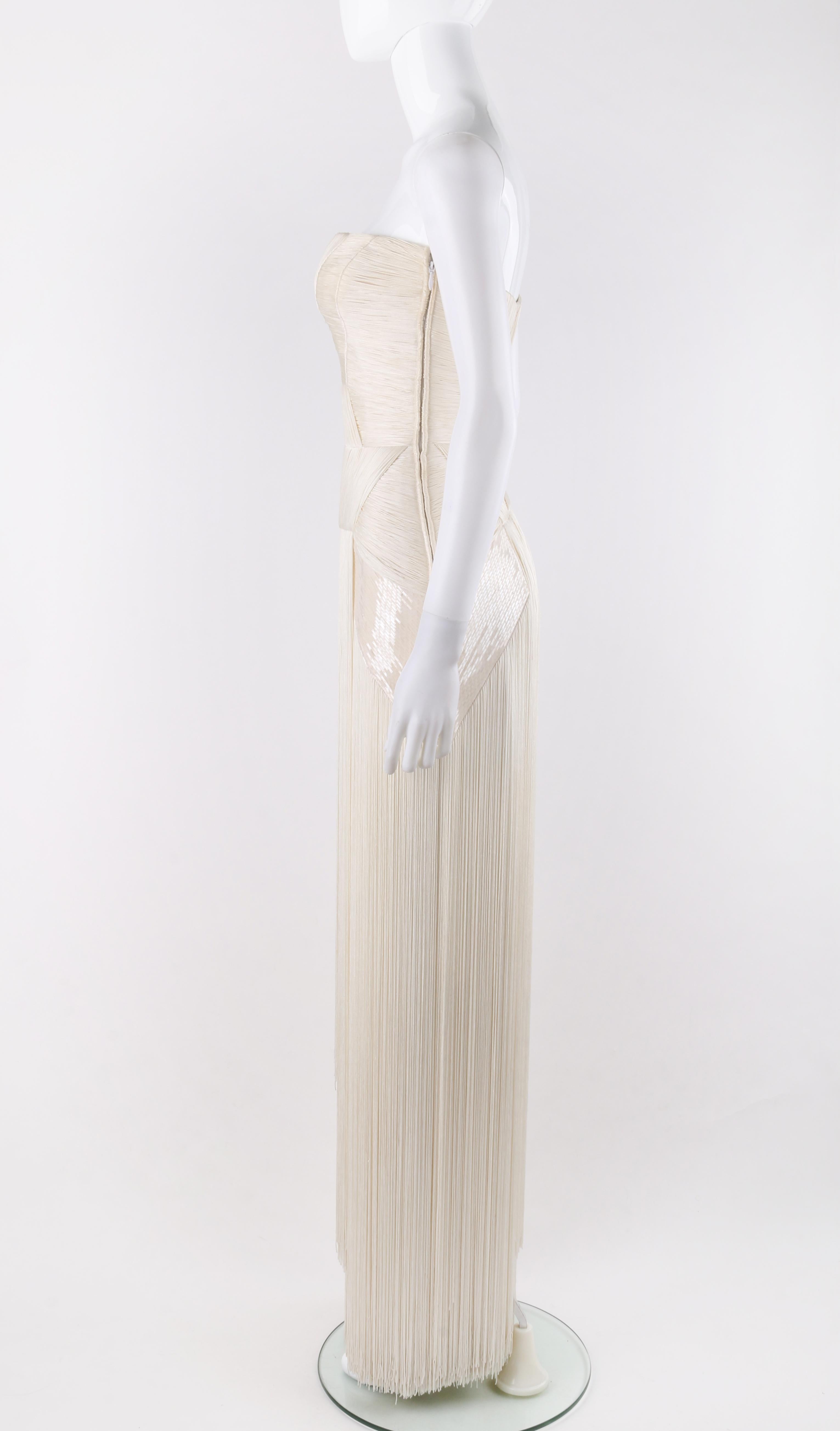 Atelier VERSACE S/S 2011 White Sequin Embellished Fringe Art Deco Evening Gown In Good Condition In Thiensville, WI