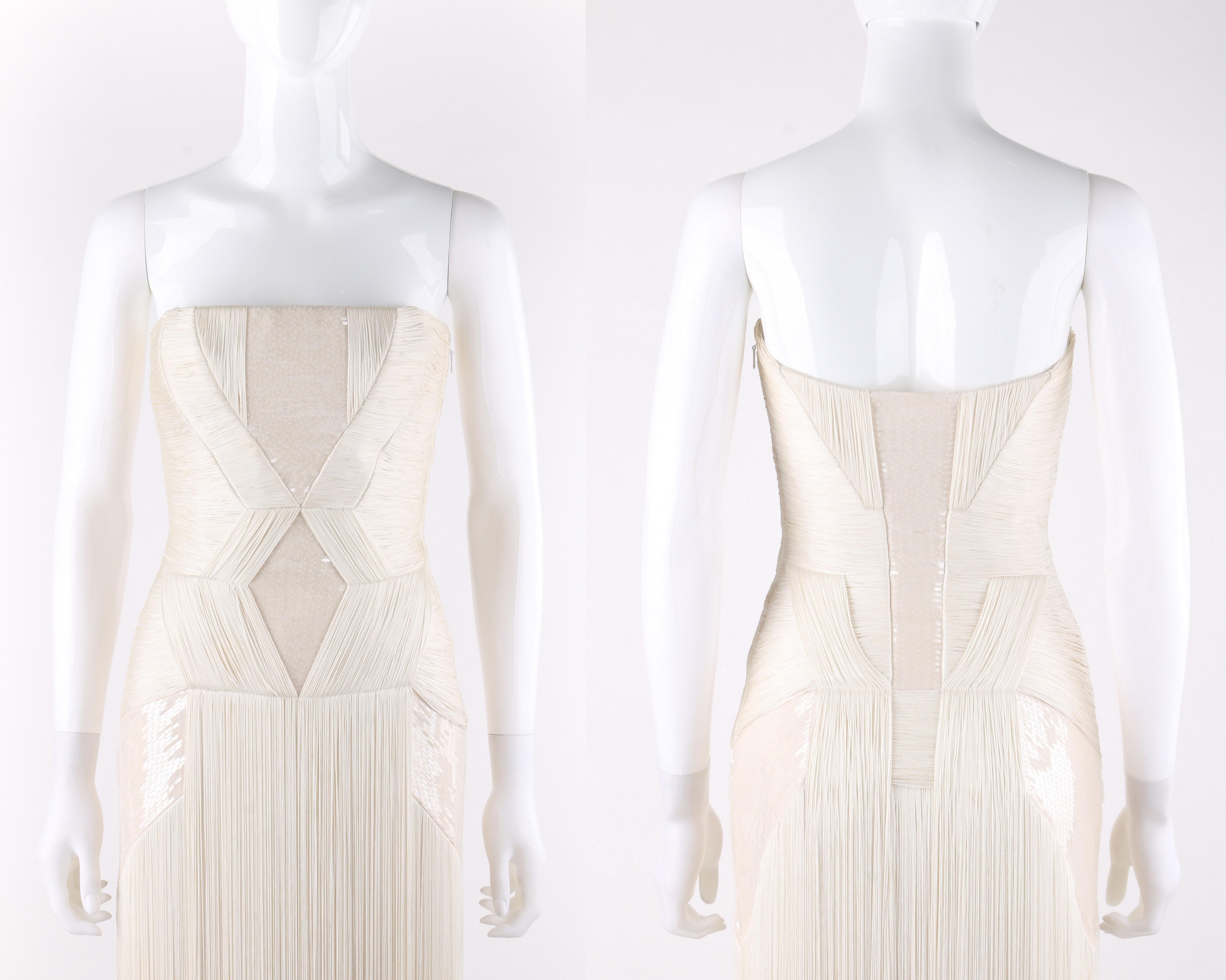 Women's Atelier VERSACE S/S 2011 White Sequin Embellished Fringe Art Deco Evening Gown