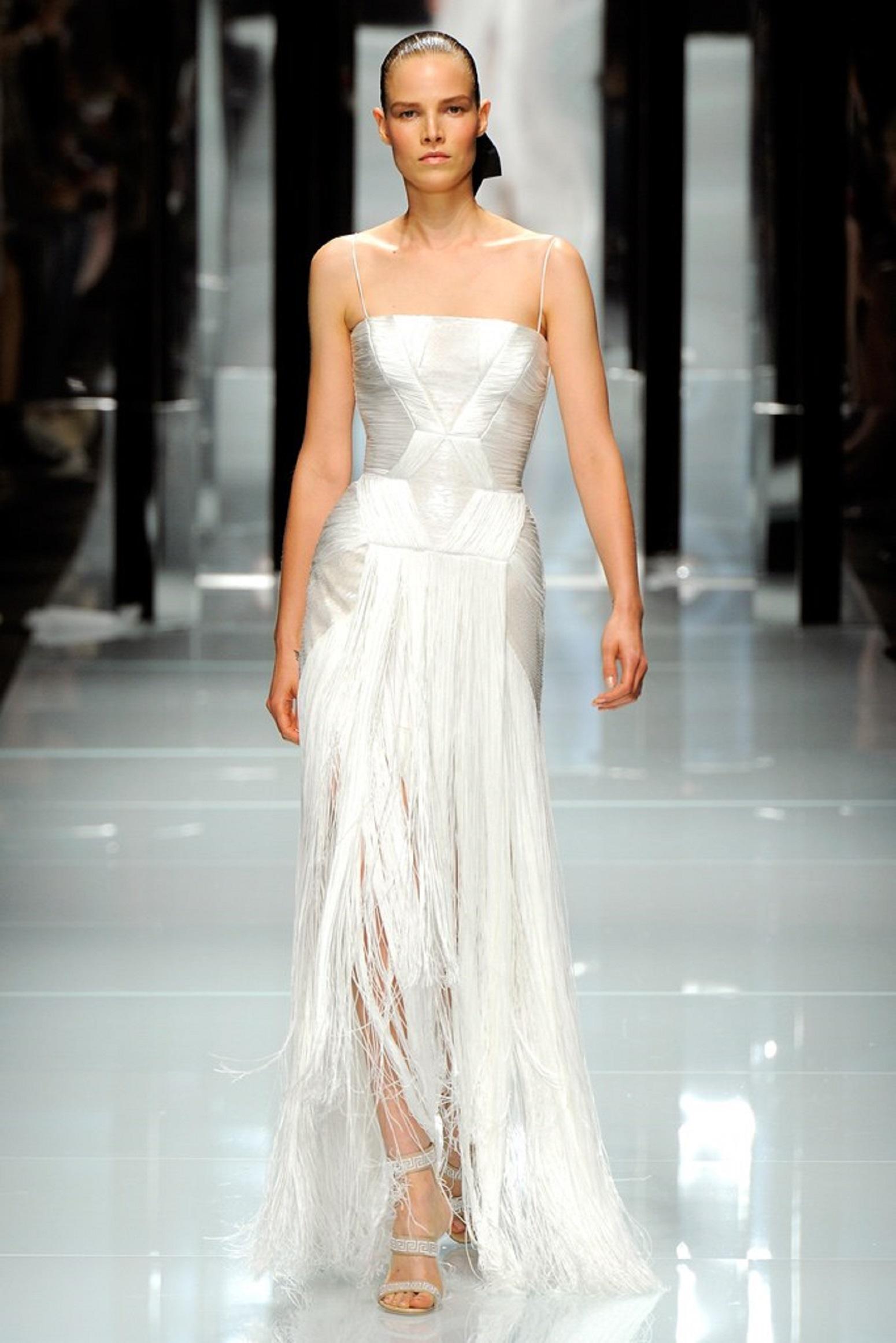 Atelier VERSACE S/S 2011 White Sequin Embellished Fringe Art Deco Evening Gown 5