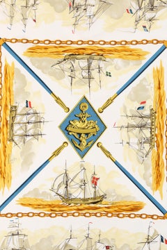 HERMES Hugo Grygkar "La Marine en Bois" Black Nautical Ship Trident Silk Scarf