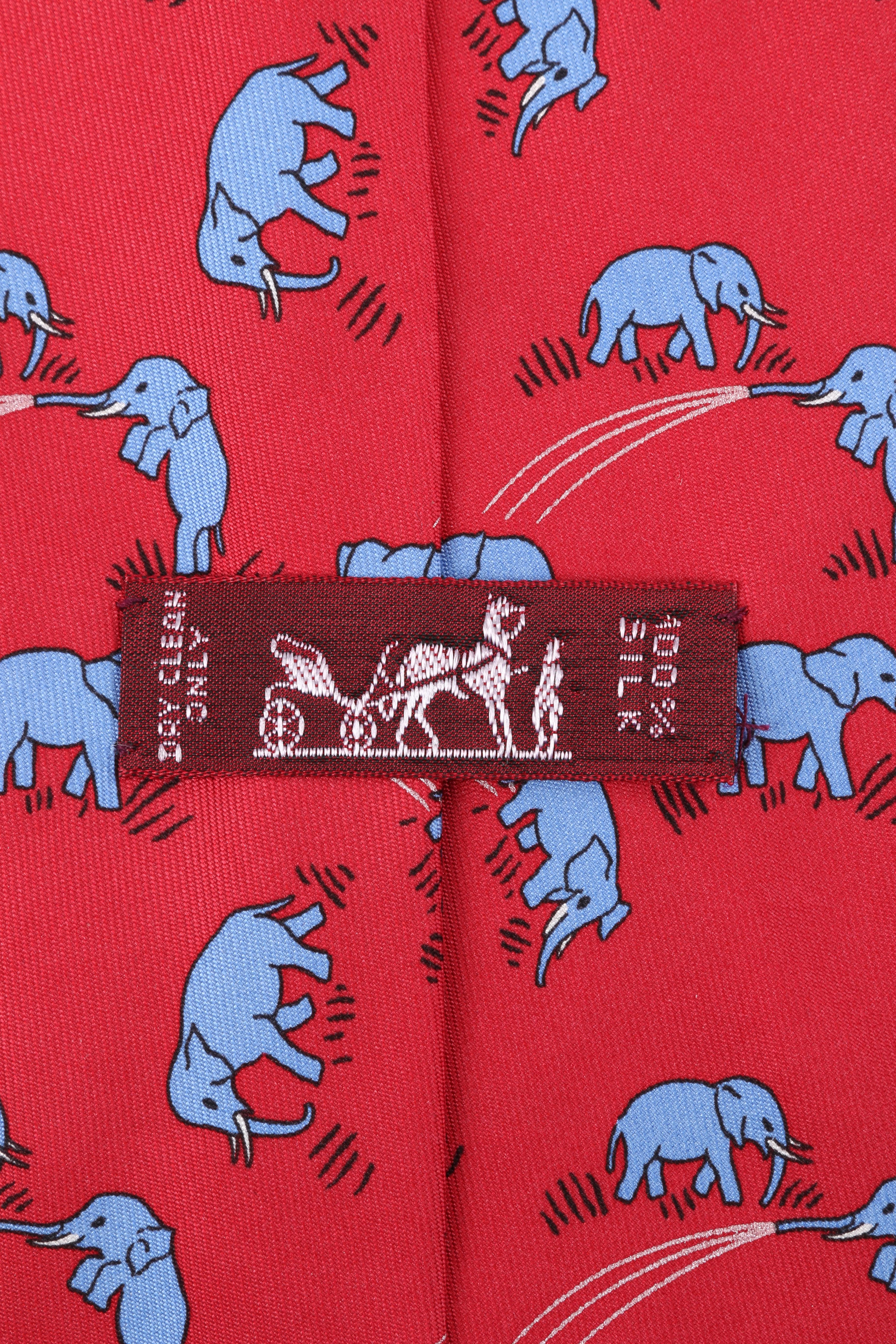Men's HERMES Red & Blue Elephant Print 5 Fold Silk Necktie Tie 7111 OA