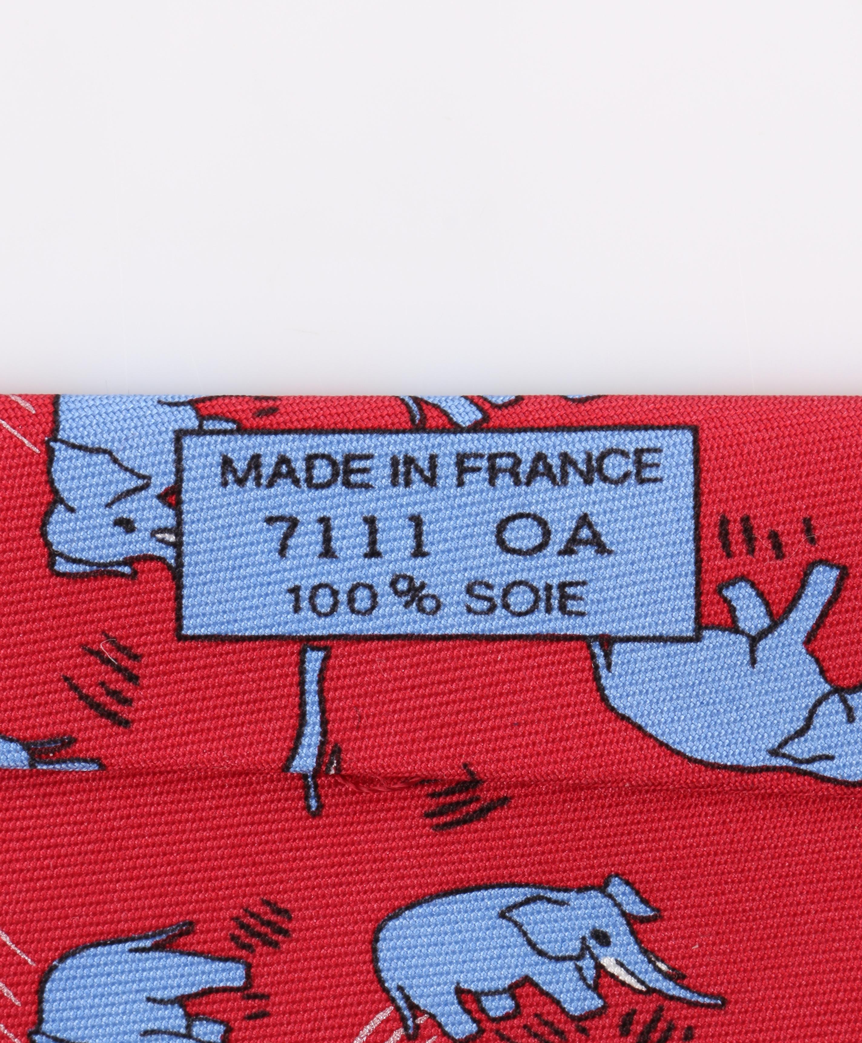 HERMES Red & Blue Elephant Print 5 Fold Silk Necktie Tie 7111 OA 1