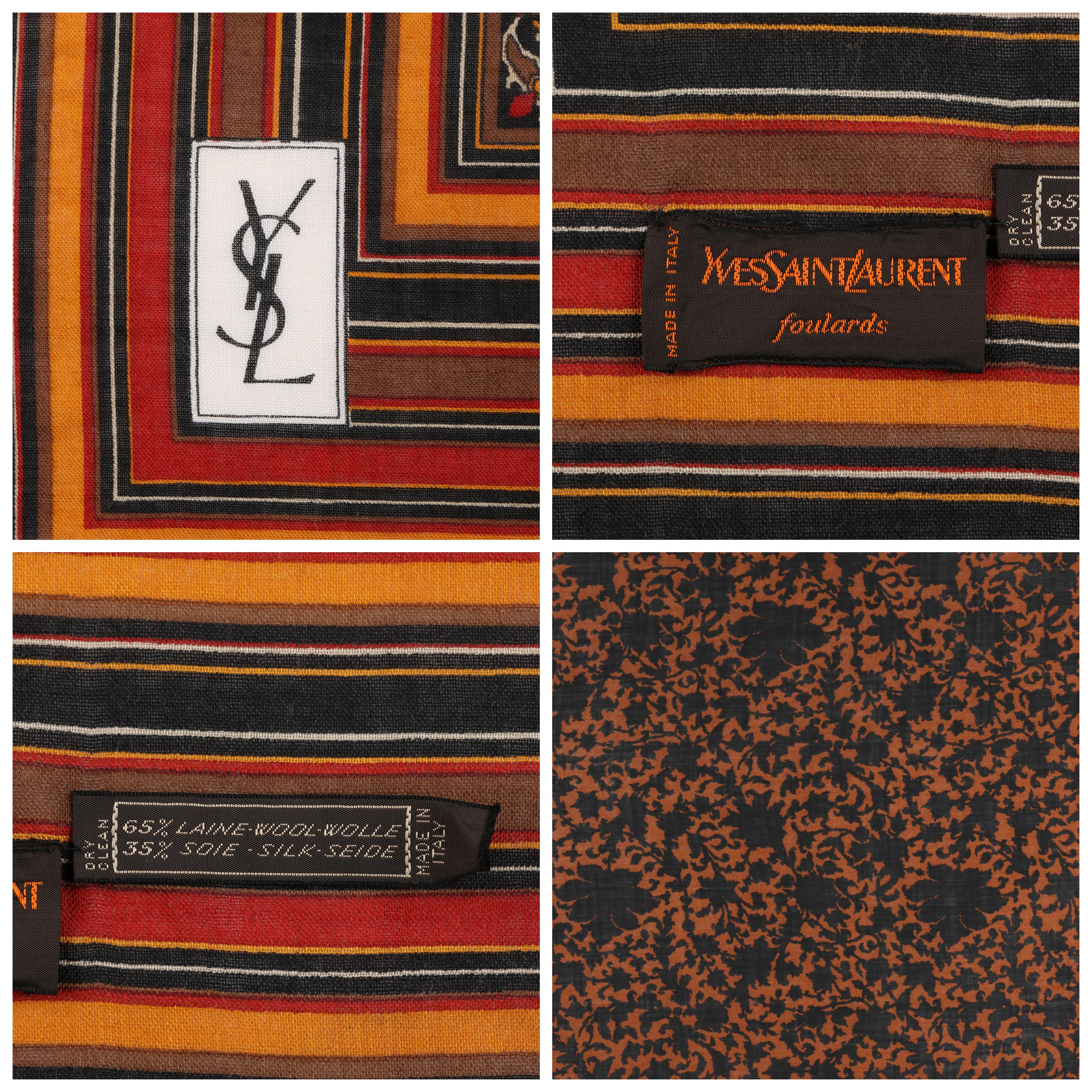 Brown YVES SAINT LAURENT Foulards A/W 1983 YSL Striped & Floral Wool Silk Scarf / Wrap