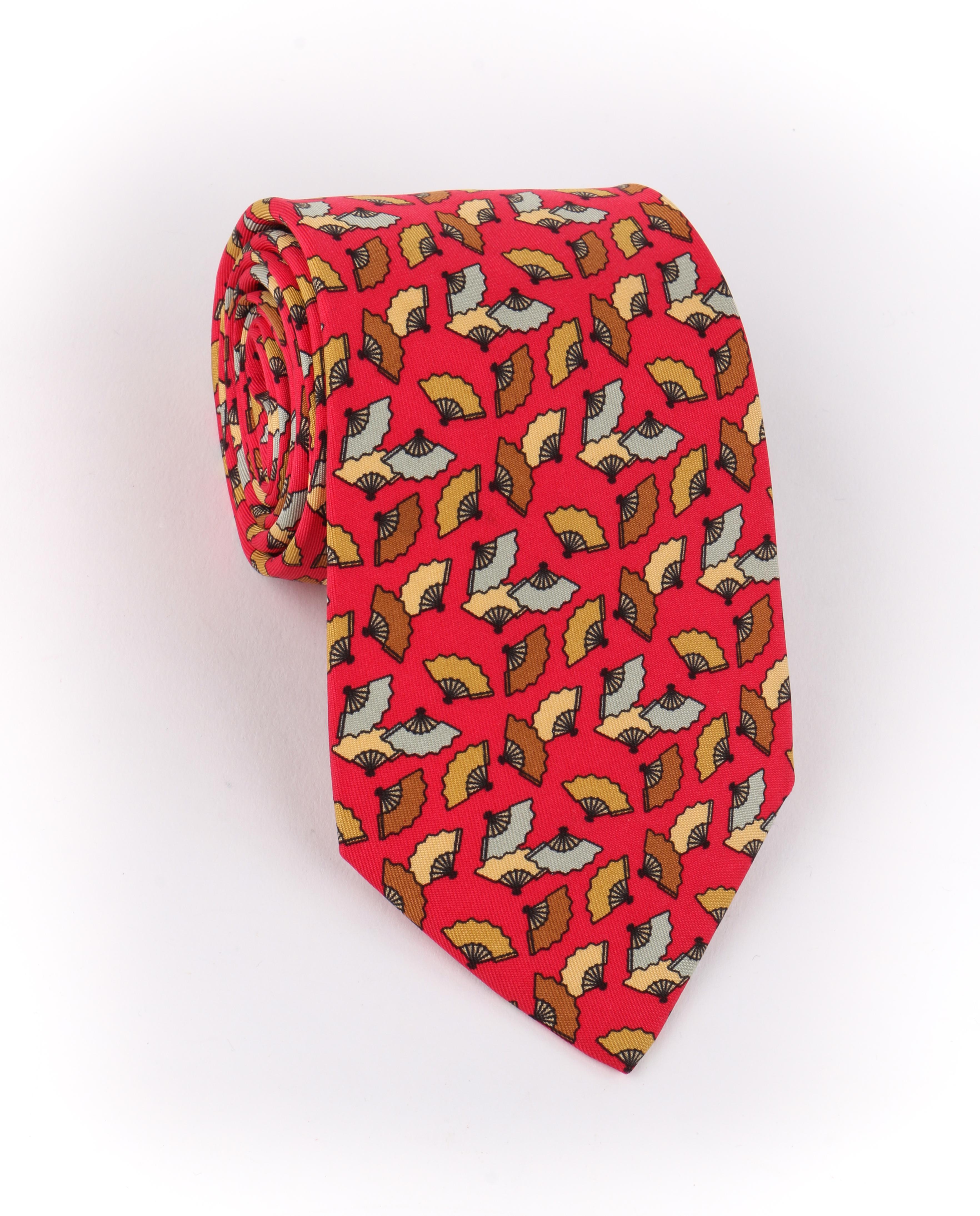 DESCRIPTION: HERMES Red Japanese Fan Print 5 Fold Silk Necktie Tie 7237 MA
 
Brand / Manufacturer: Hermes
Collection: 
Designer: 
Manufacturer Style Name: 
Style: 5 fold necktie
Color(s): Shades of red, brown, gold, gray, and black
Lined: Yes
Marked