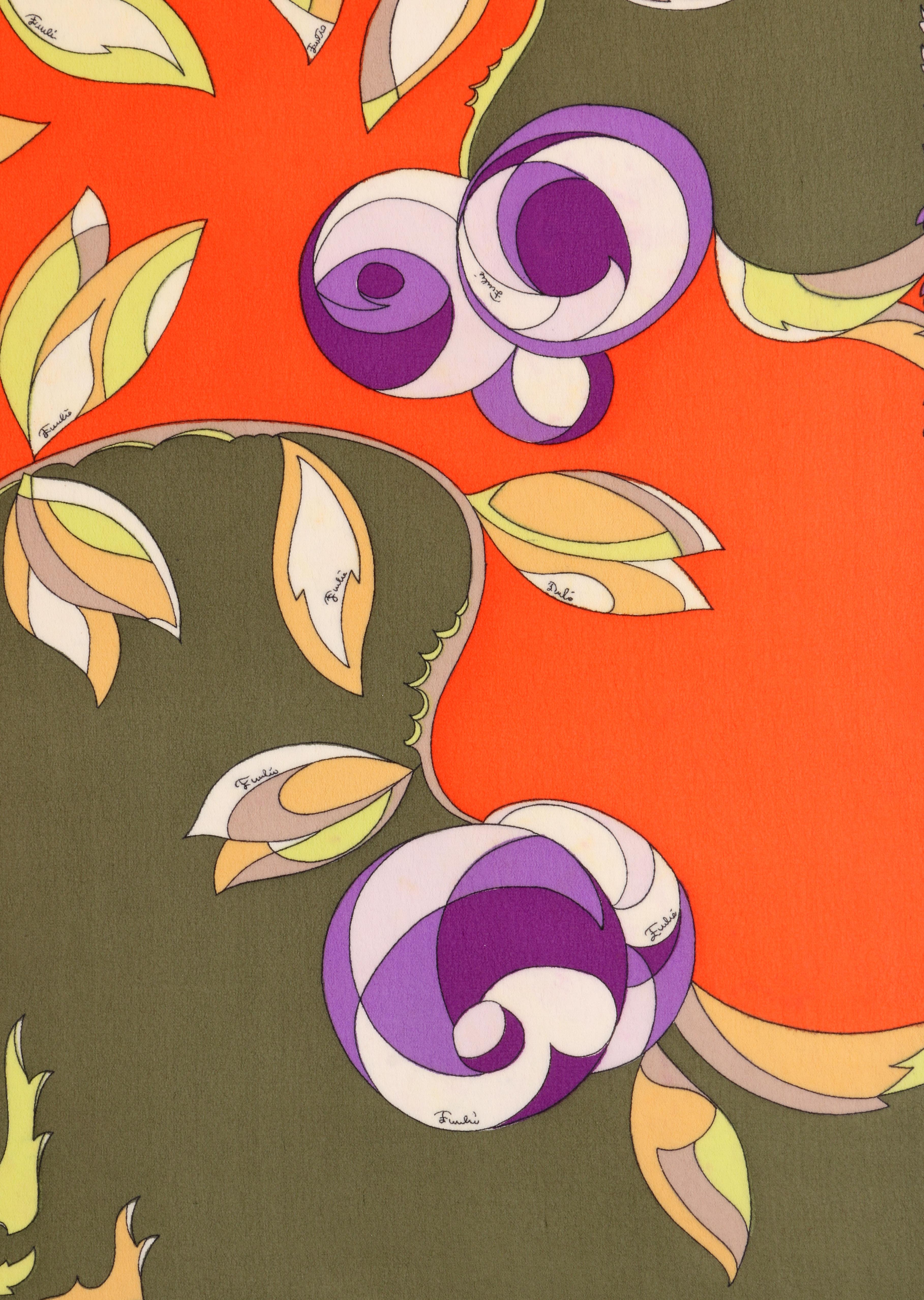 EMILIO PUCCI c.1960's Orange Forest Green Rose Floral Signature Print Silk Scarf In Good Condition In Thiensville, WI