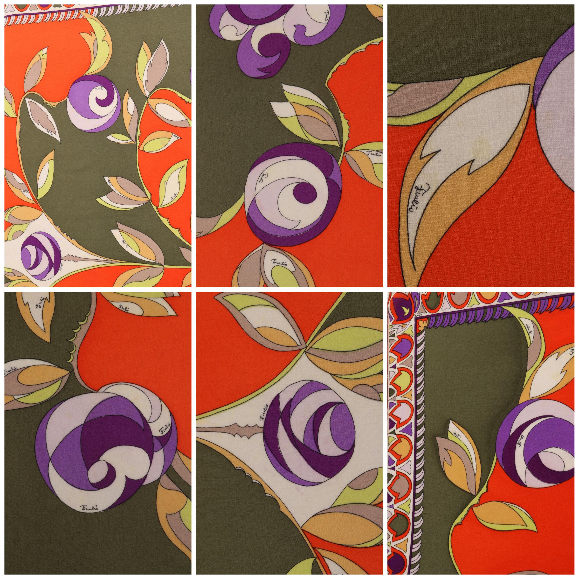 Women's EMILIO PUCCI c.1960's Orange Forest Green Rose Floral Signature Print Silk Scarf
