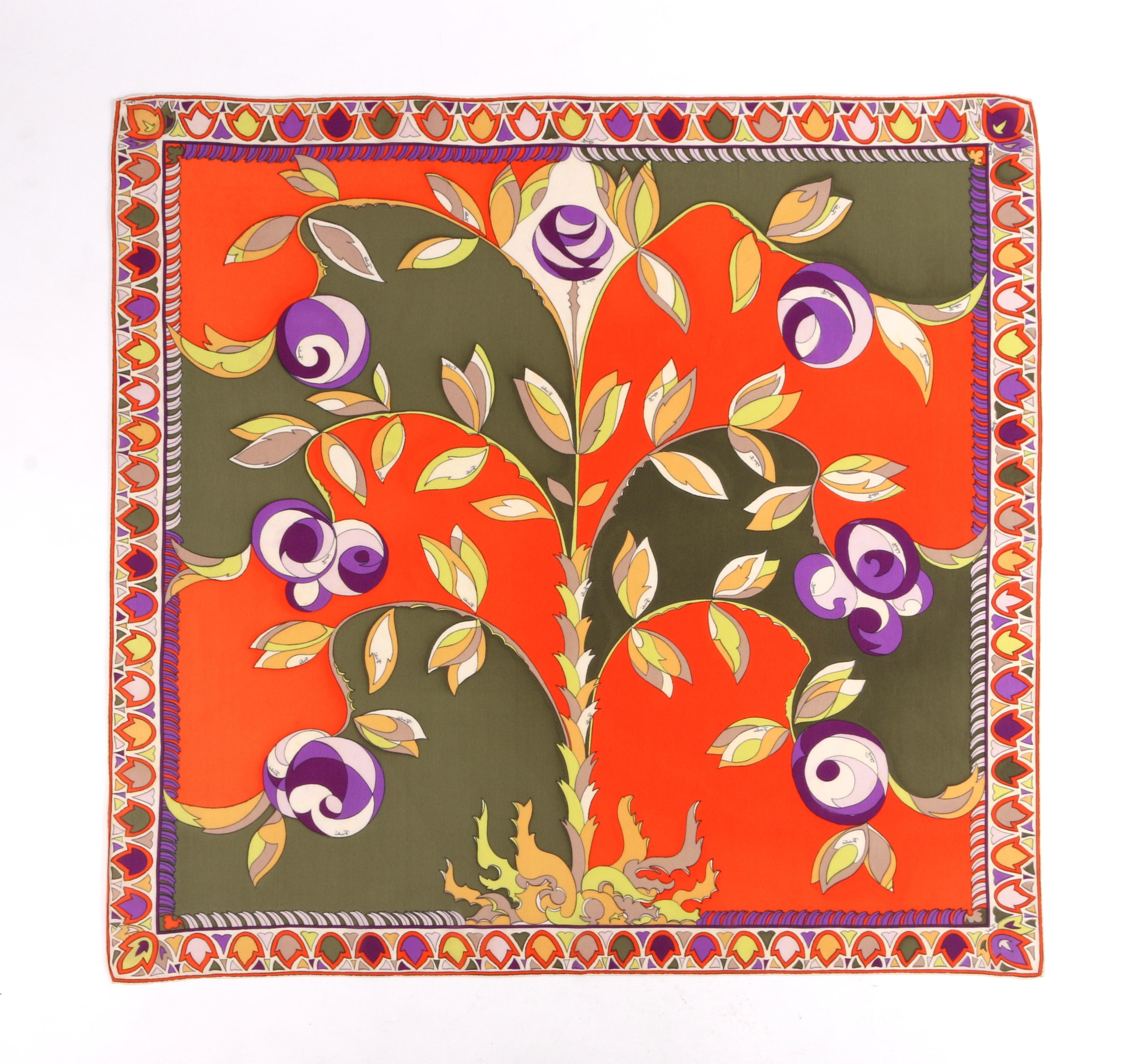 DESCRIPTION: EMILIO PUCCI c.1960's Orange Forest Green Rose Floral Signature Print Silk Scarf
 
Circa: c.1960’s
Designer: Emilio Pucci
Style: Silk scarf
Color(s): Multi in shades of orange, yellow, forest green, purple, pink, white, and black
Lined: