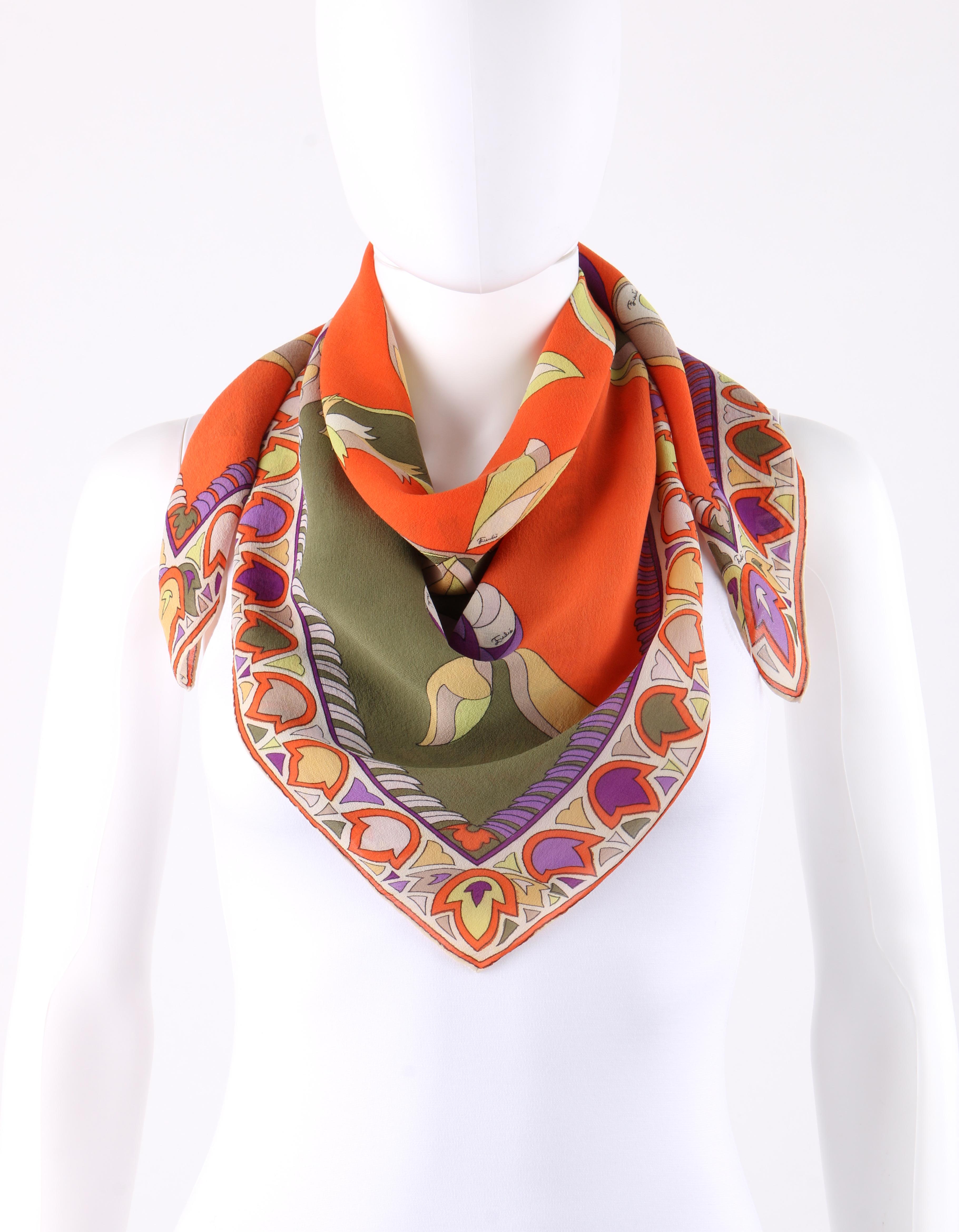 Brown EMILIO PUCCI c.1960's Orange Forest Green Rose Floral Signature Print Silk Scarf