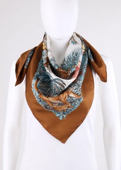 HERMES Robert Dallet c.1988 "Equateur" Tan Brown Jungle Exotic Animal Silk Scarf