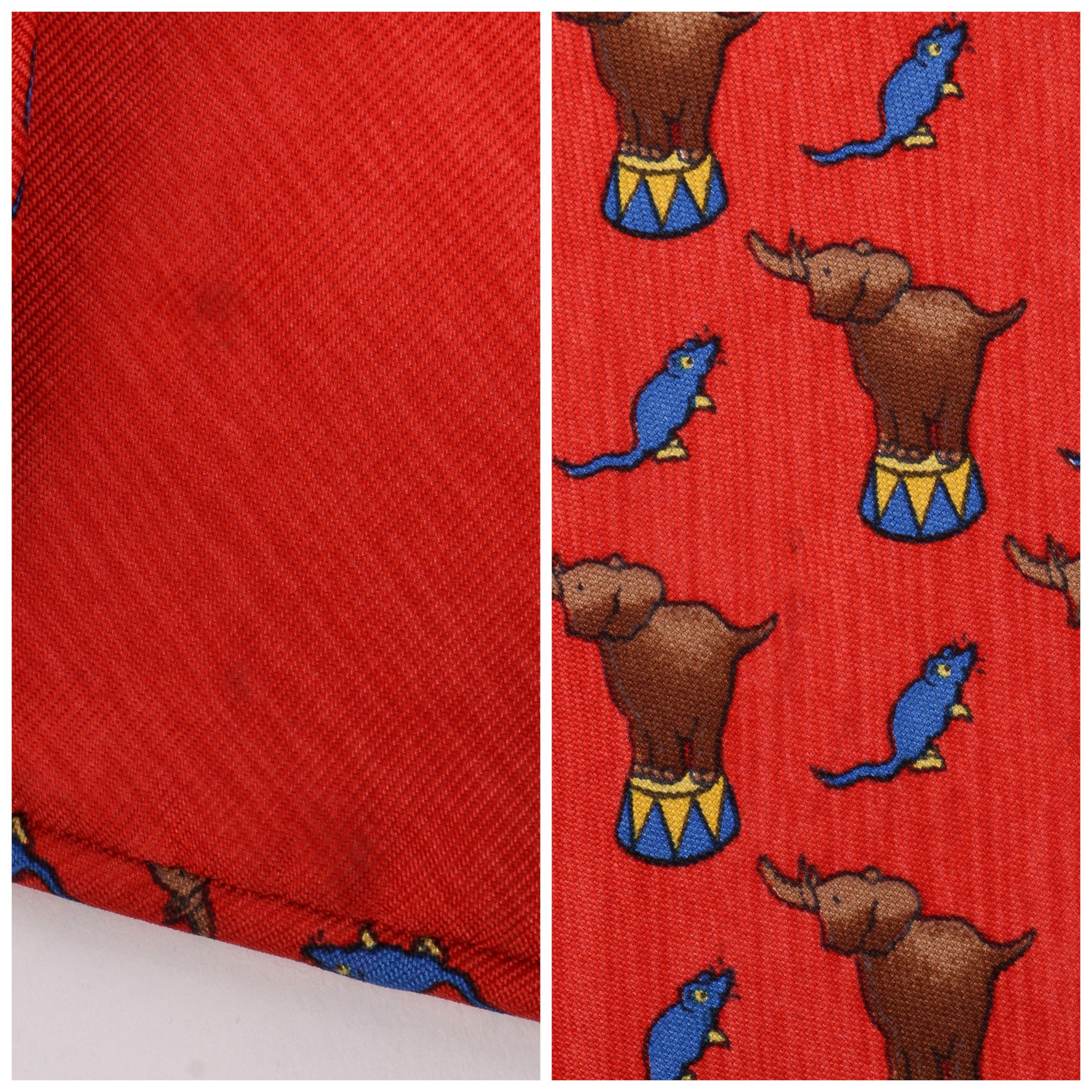 HERMES Red Circus Elephant & Mouse Print 5 Fold Silk Necktie Tie 7681 TA In Excellent Condition In Thiensville, WI
