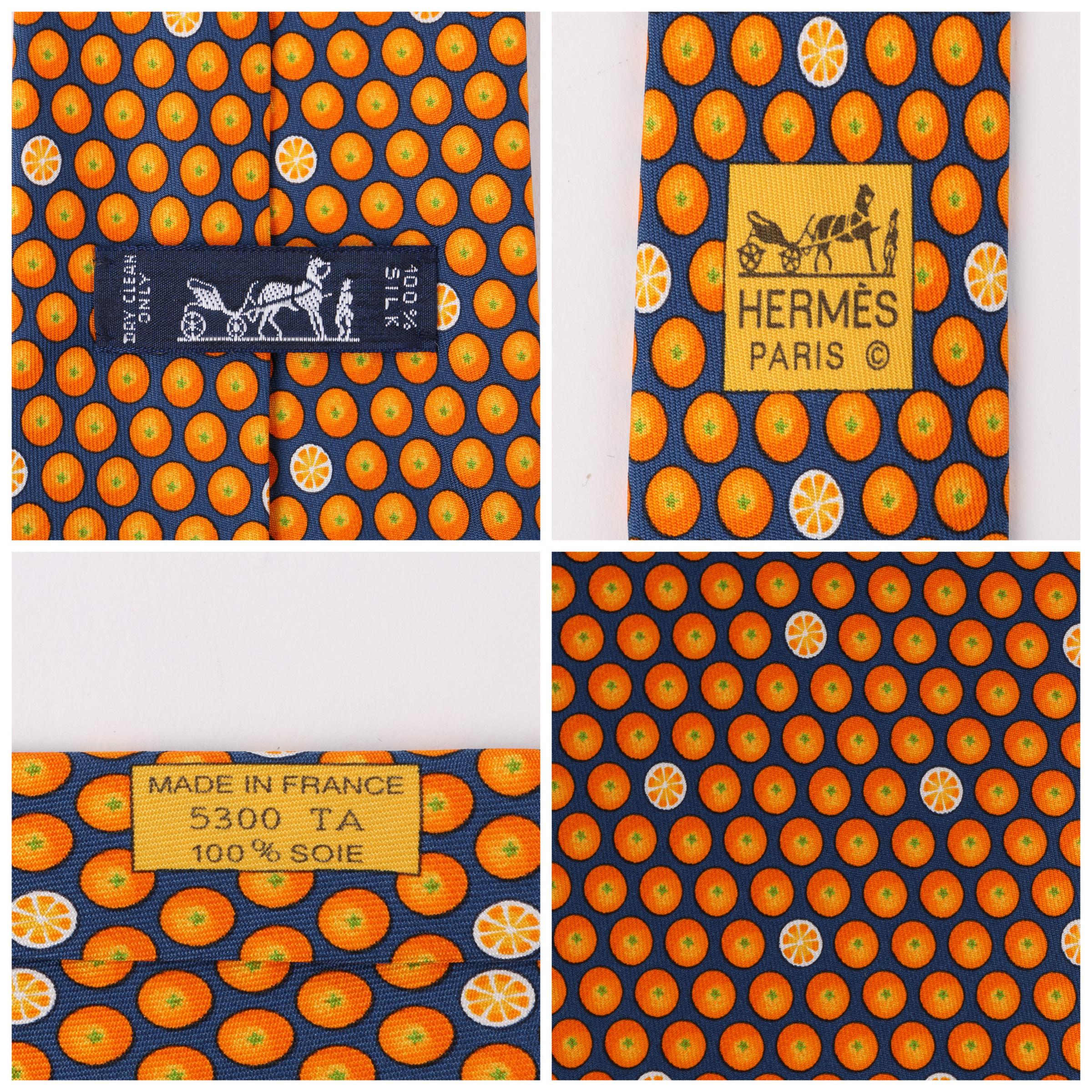 HERMES Navy Blue & Orange Fruit Polka Dot Print 5 Fold Silk Necktie Tie 5300 TA In New Condition In Thiensville, WI