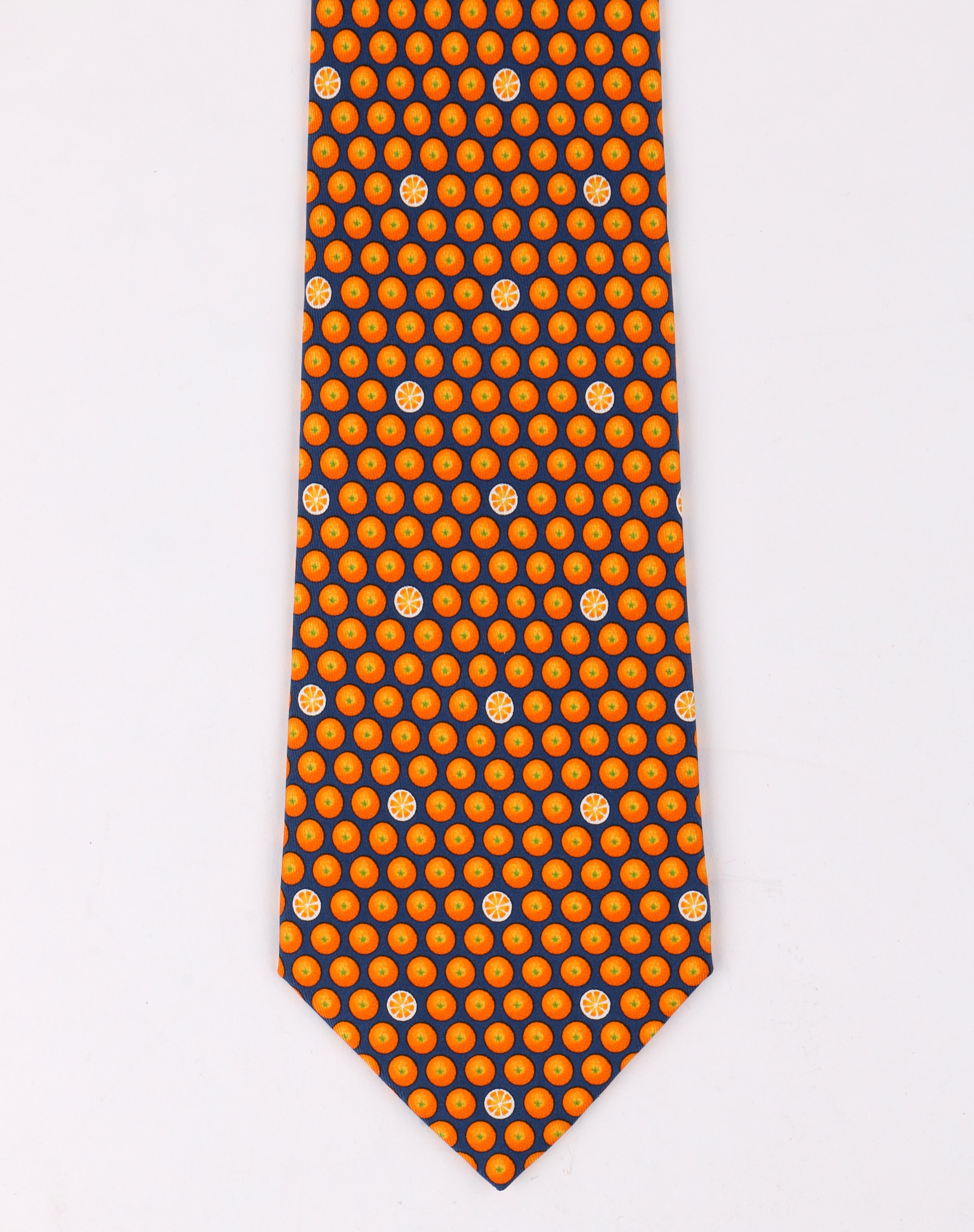 Brown HERMES Navy Blue & Orange Fruit Polka Dot Print 5 Fold Silk Necktie Tie 5300 TA