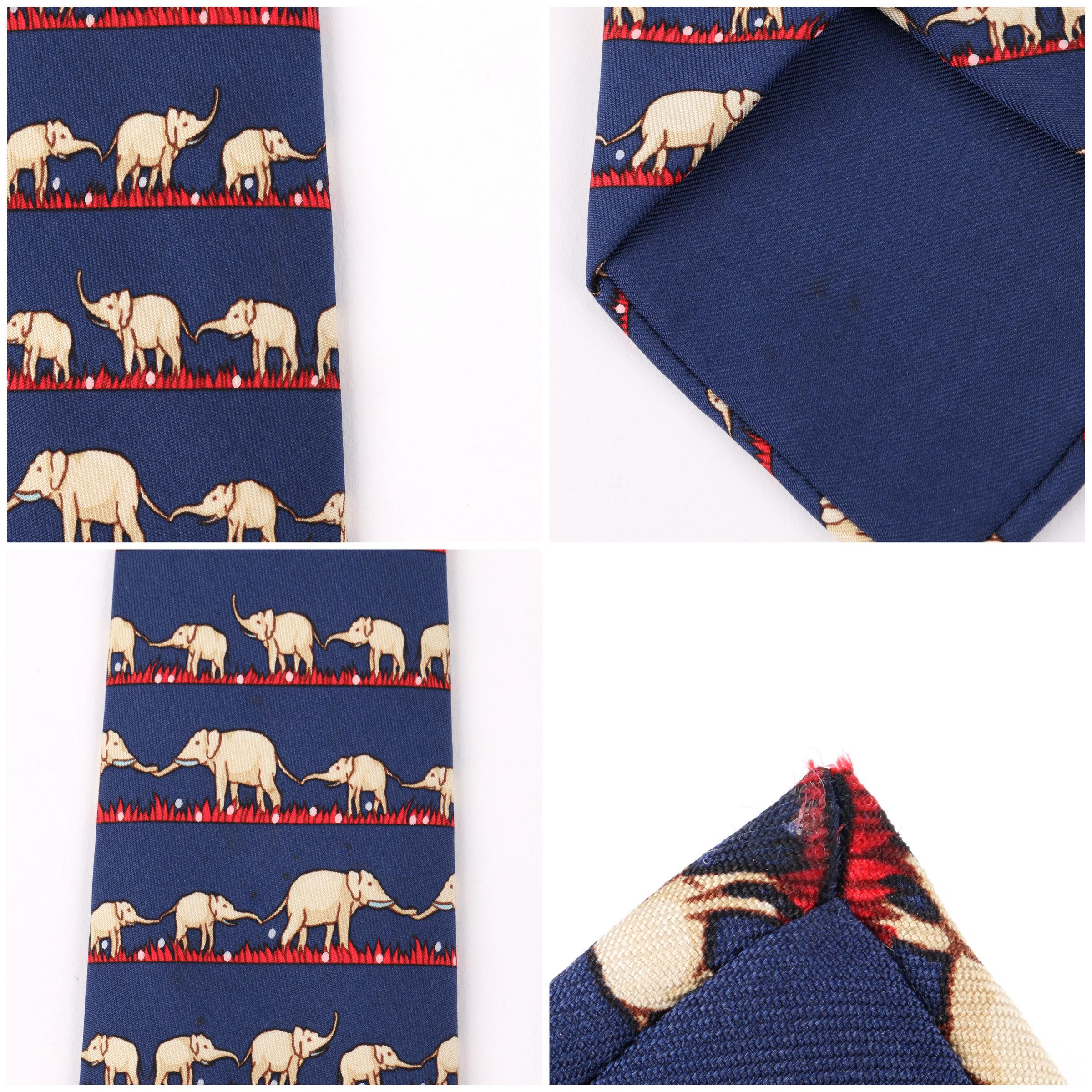 Black HERMES Navy Blue & Red Elephant Family Print 5 Fold Silk Necktie Tie 7621 TA
