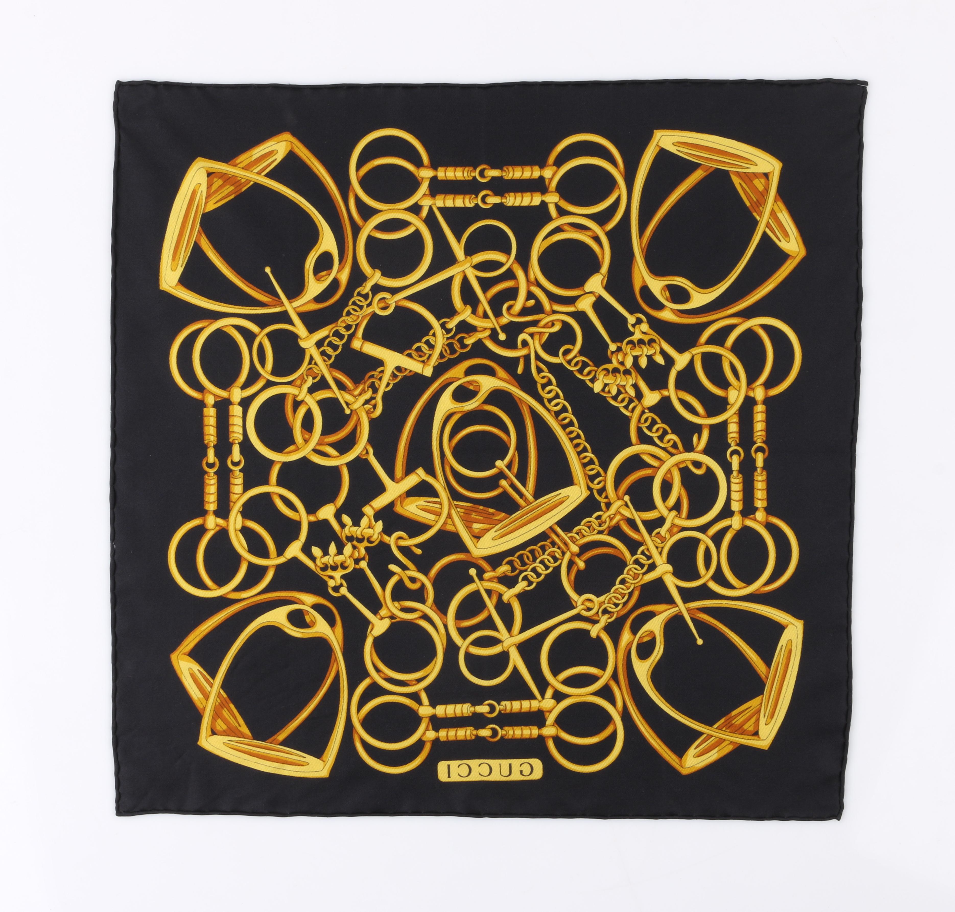 DESCRIPTION: GUCCI Black & Gold Equestrian Horsebit Stirrup Print Silk Scarf / Handkerchief 
 
Brand / Manufacturer: Gucci
Collection: 
Designer: 
Manufacturer Style Name: 
Style: Silk scarf
Color(s): Multi in shades of black and gold
Lined: