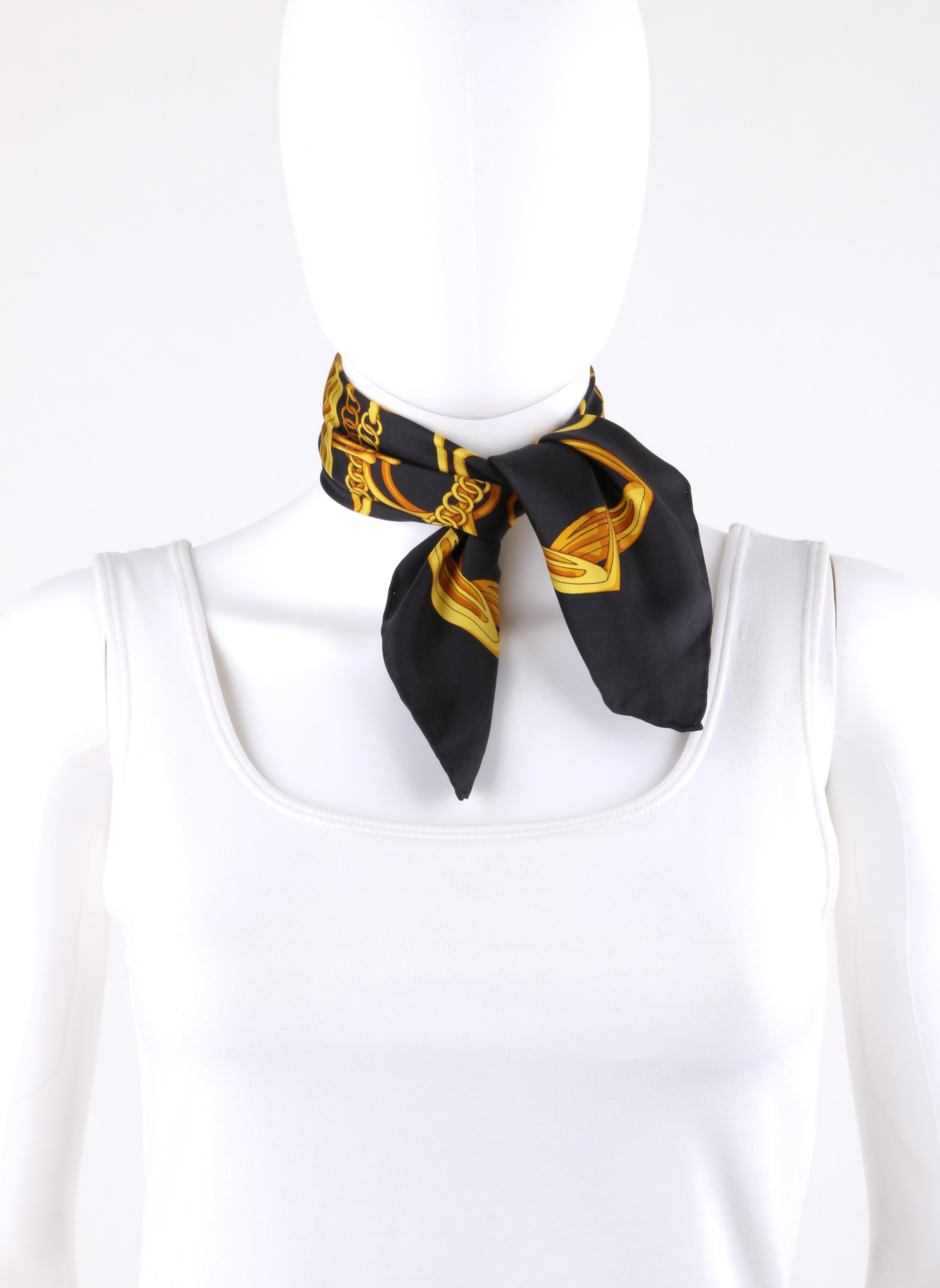 GUCCI Black & Gold Equestrian Horsebit Stirrup Print Silk Scarf / Handkerchief  In Excellent Condition In Thiensville, WI