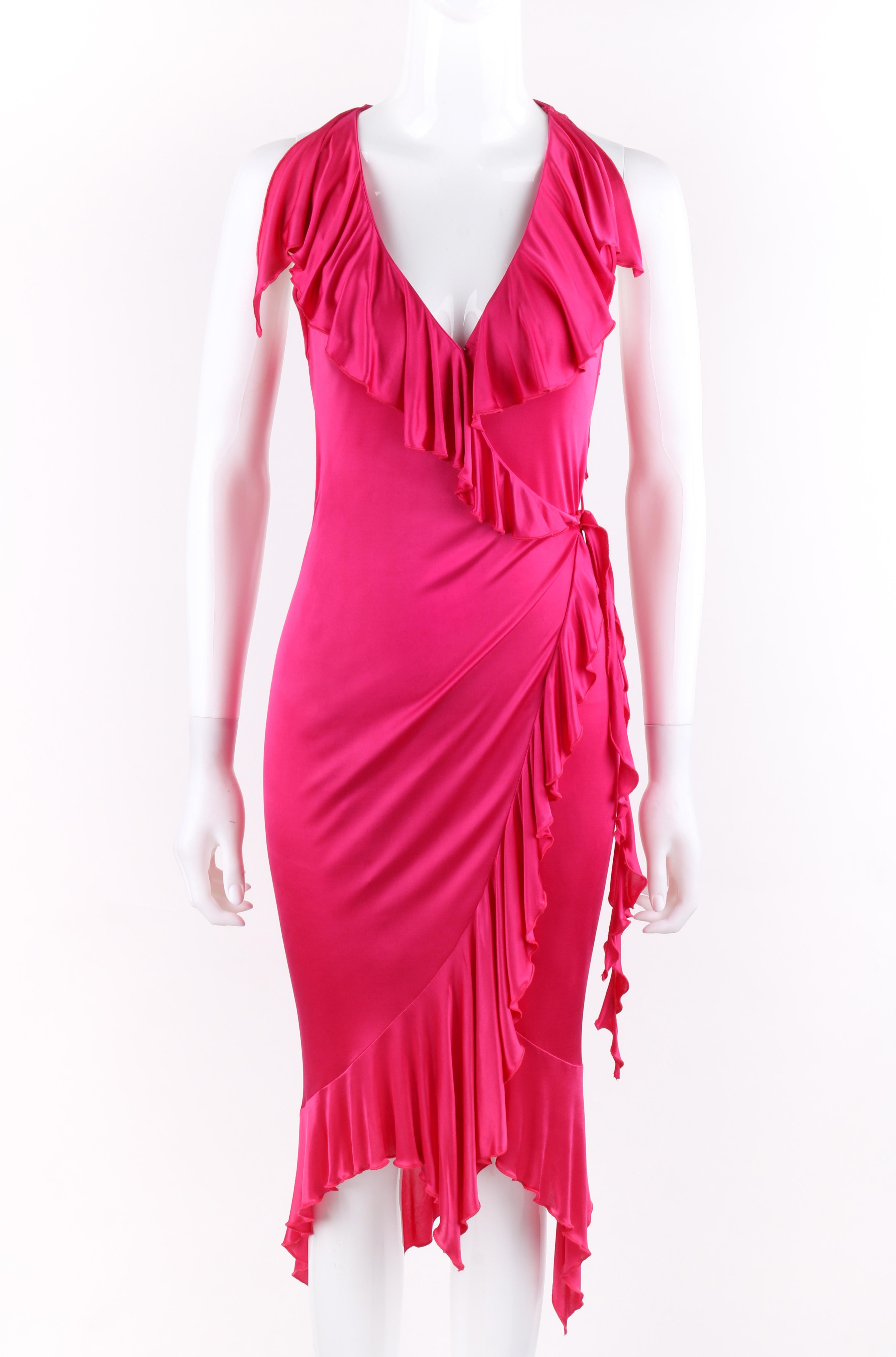 DESCRIPTION: VERSACE S/S 2004 Hot Pink Knit V Neck Ruffle Wrap Dress
 
Brand / Manufacturer: Versace
Collection: Spring / Summer 2004; Runway look #45
Designer: Donatella Versace
Style: Wrap dress
Color(s): Hot pink 
Lined: No
Marked Fabric Content: